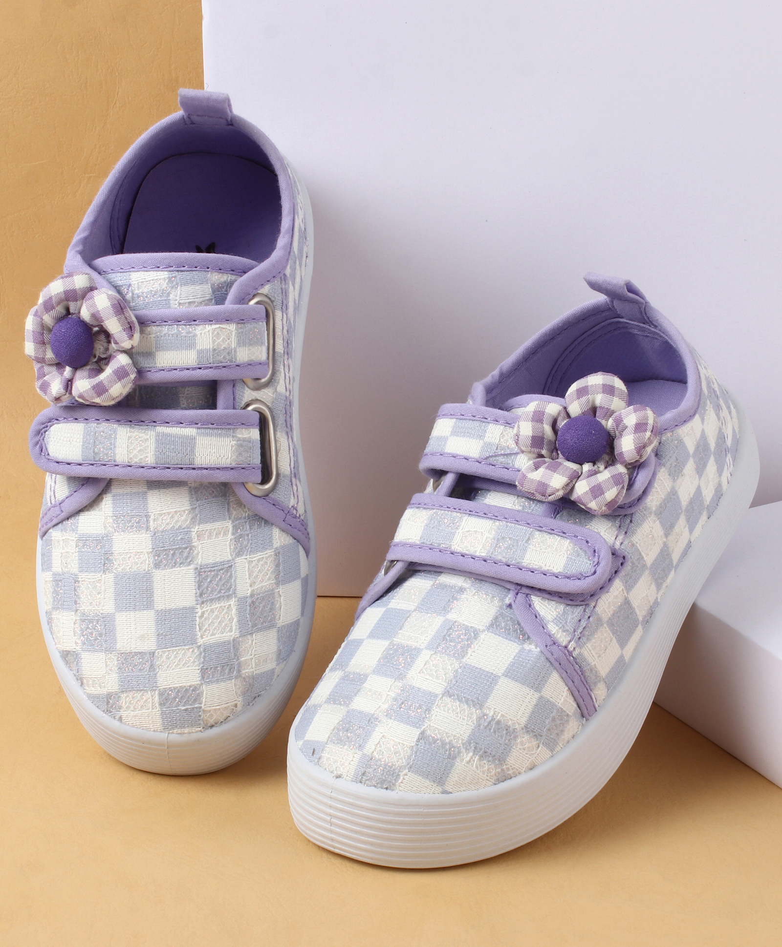 Cute Walk by Babyhug Casual Shoes with Velcro Closure Checks & Floral Applique - Purple-picture-11