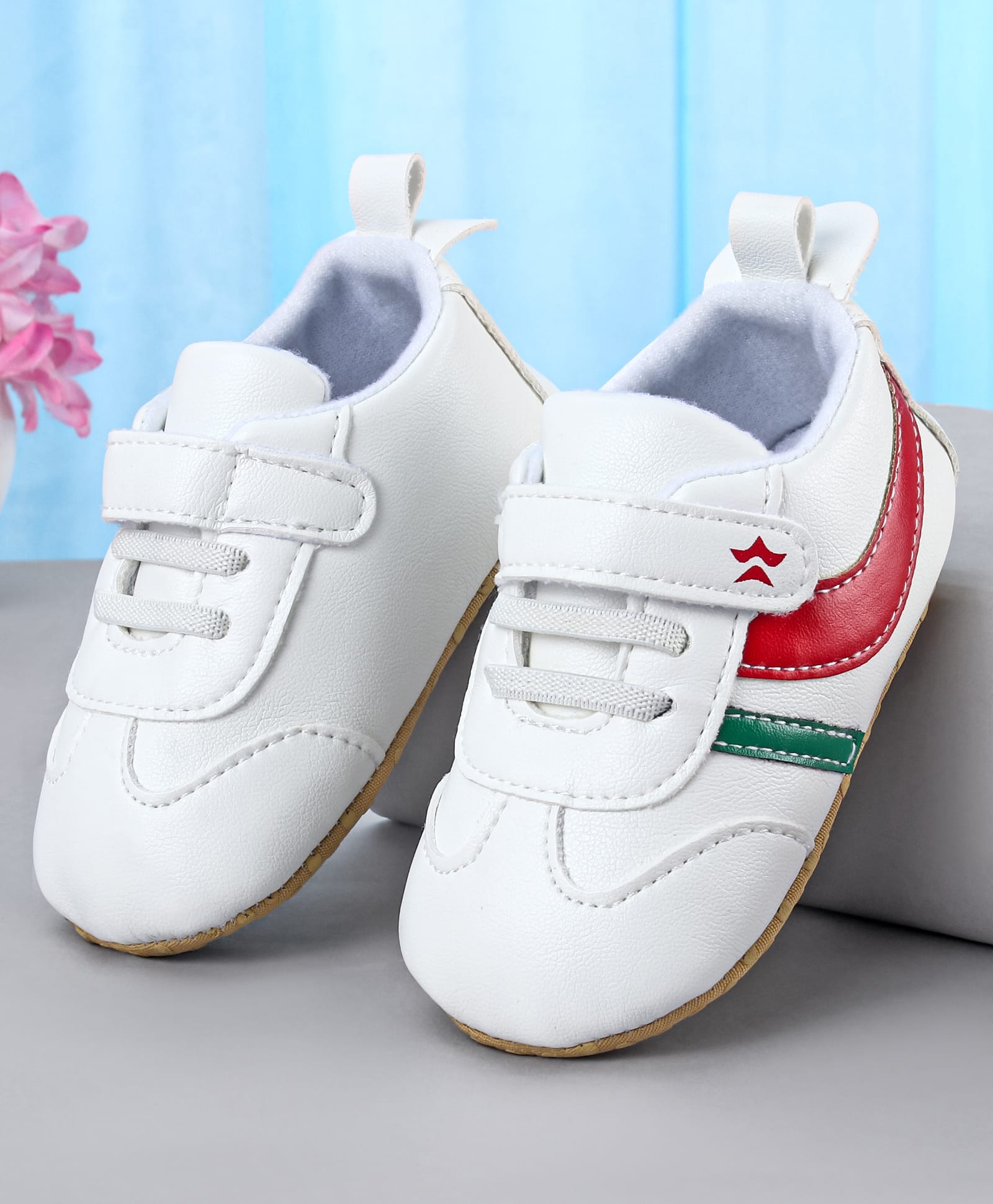 Cute Walk by Babyhug Booties with Velcro Closure & Tape Detailing - White Red & Green-picture-16