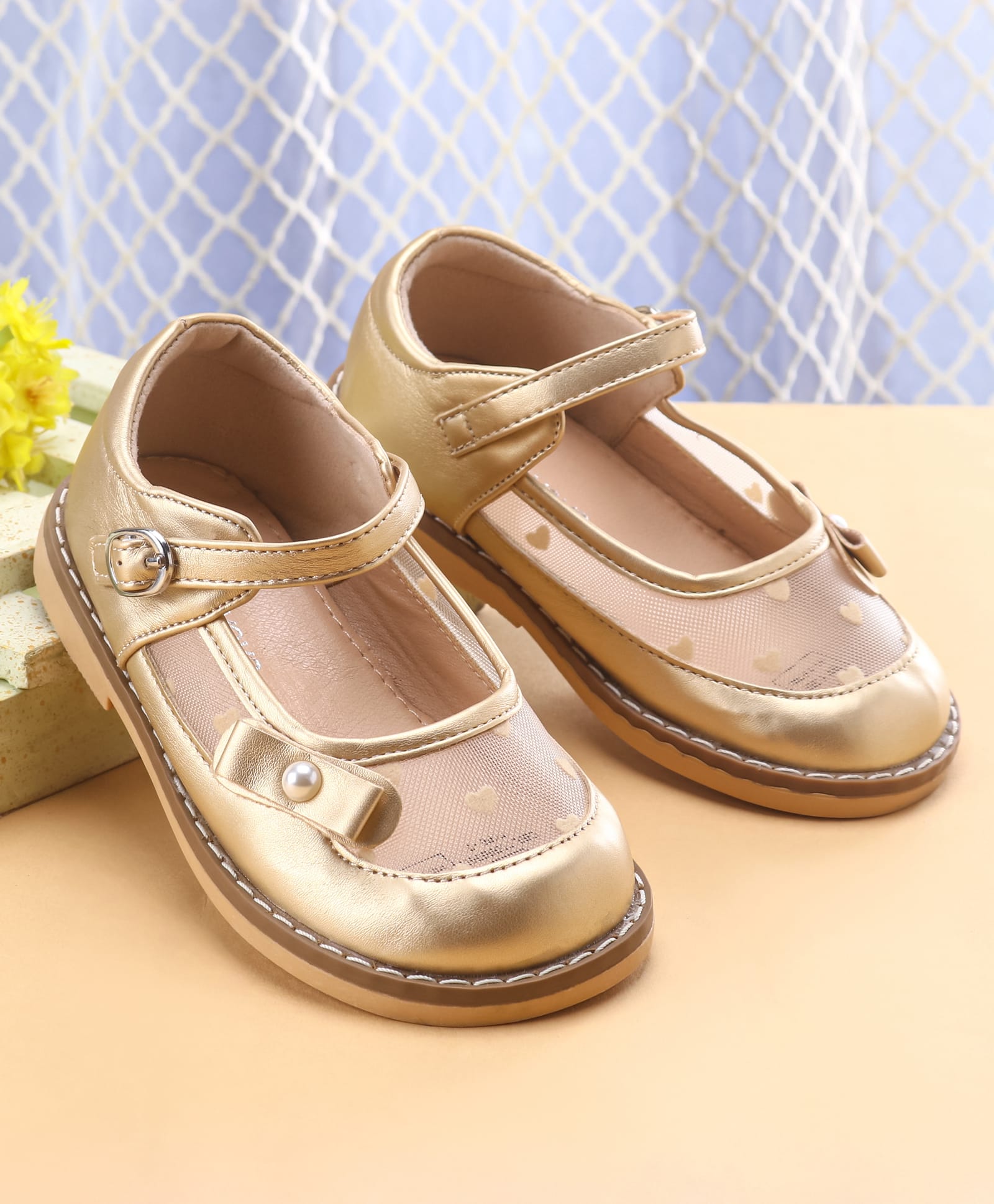 Babyoye Velcro Closure Ballerina With Bow Applique & Heart Detailing - Golden-picture-23