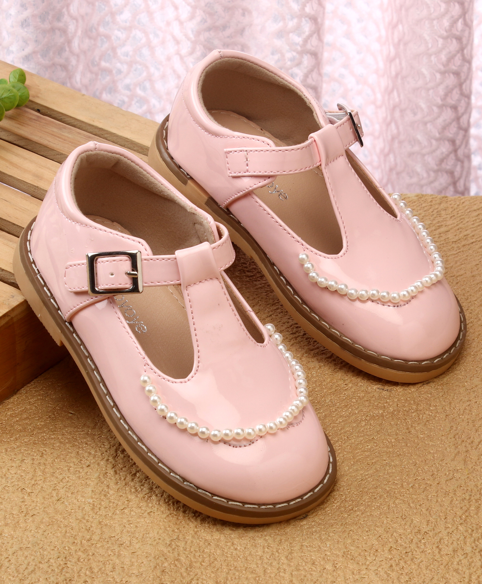 Babyoye Velcro Closure Solid Coloured Ballerina With Pearl Detailing - Light Pink-image-18