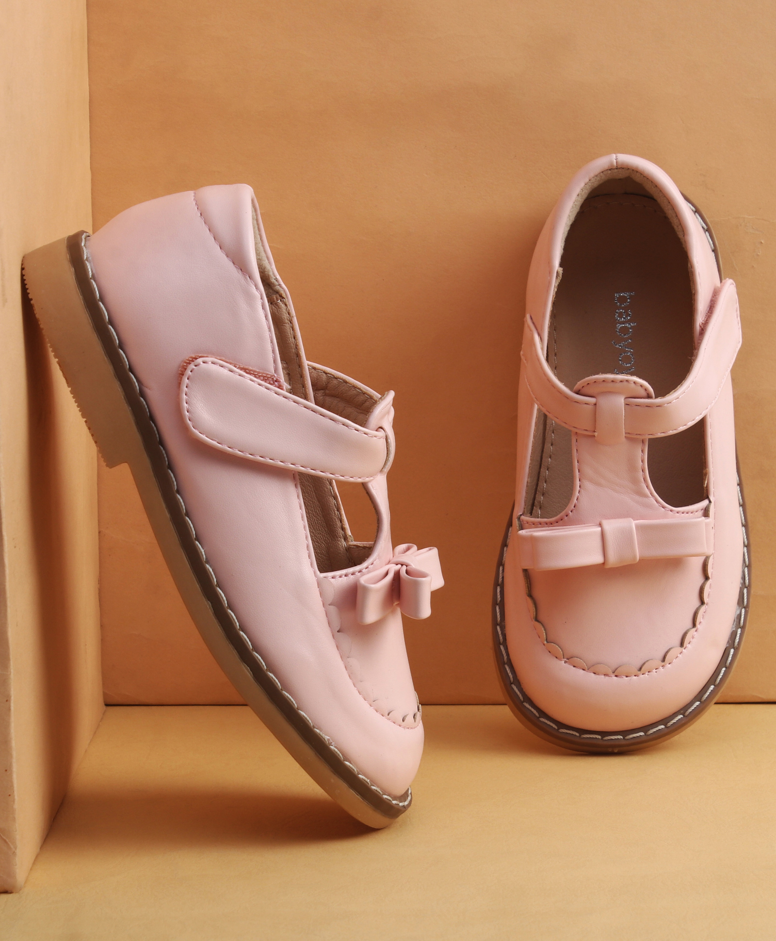 Babyoye Velcro Closure Solid Coloured Casual Shoes With Bow Applique - Pink-image-49