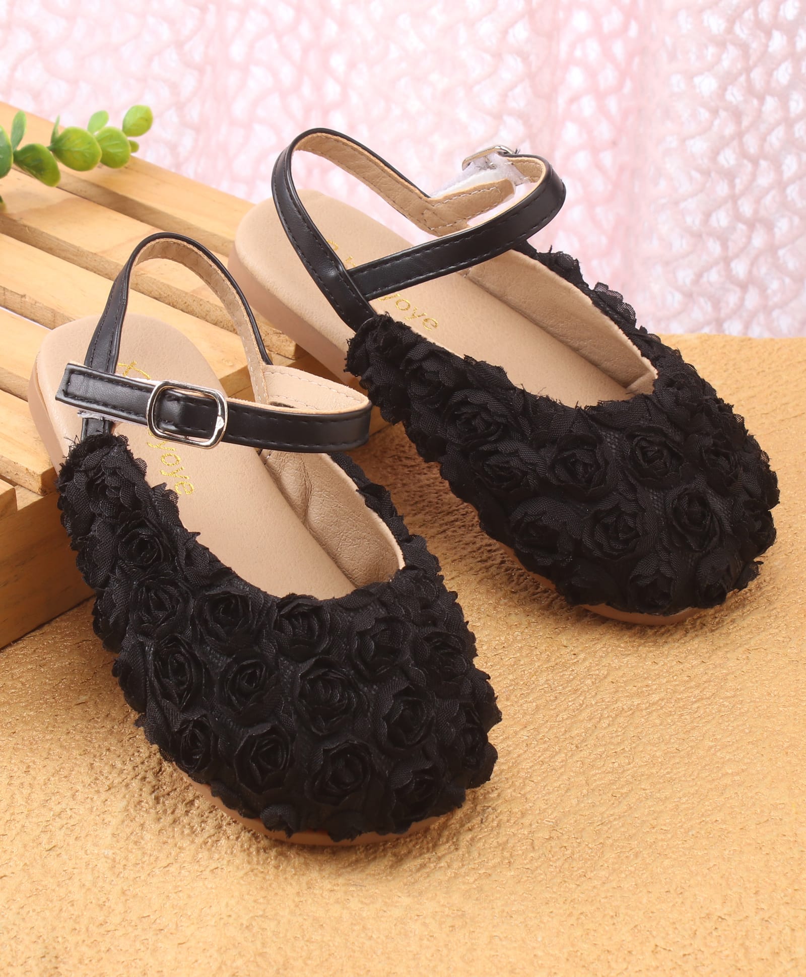 Babyoye Velcro Closure Ballerina with Floral Applique - Black-picture-11