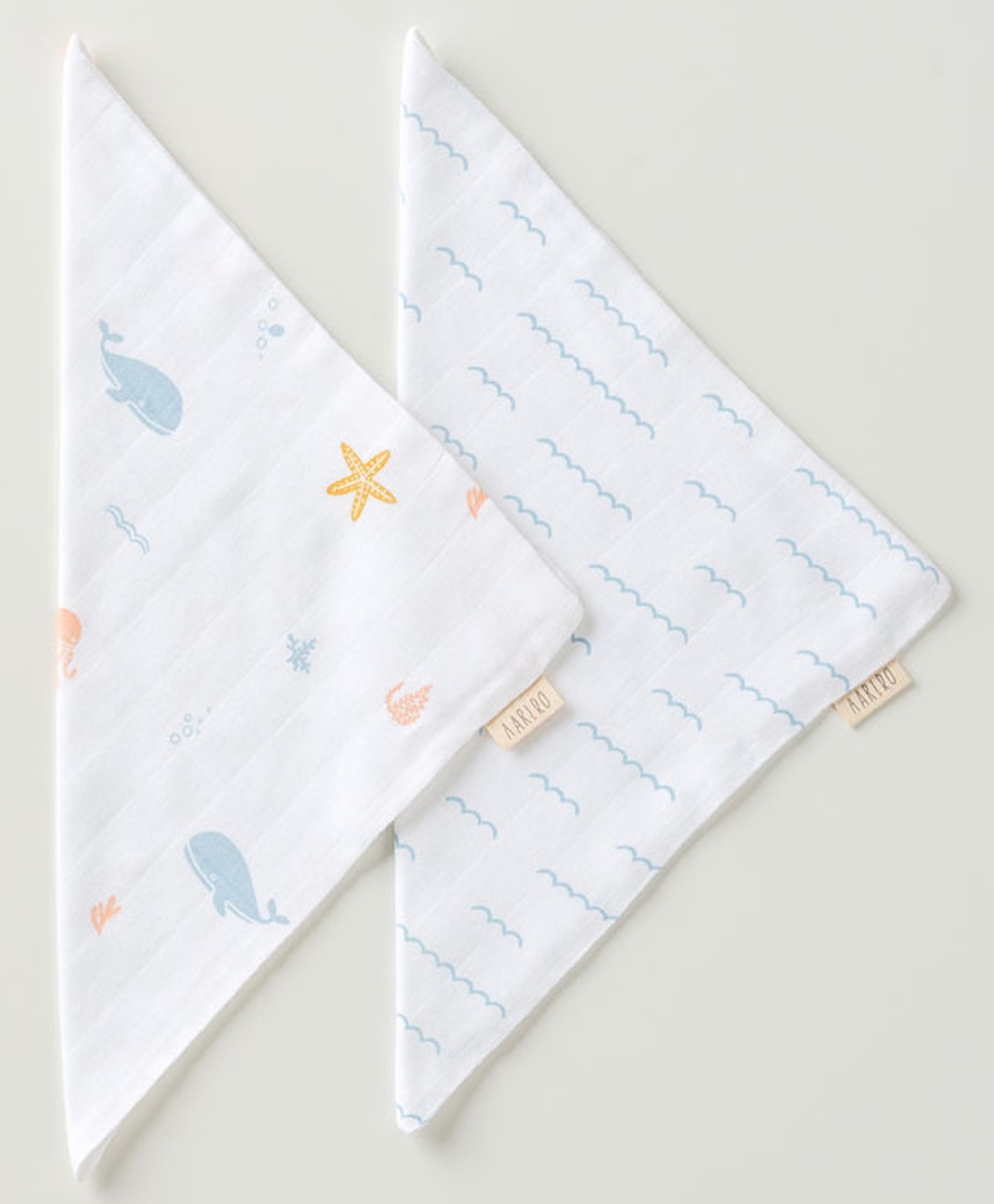 Aariro Organic Cotton Muslin Washcloth Under the Sea - White & Aqua Blue-picture-1