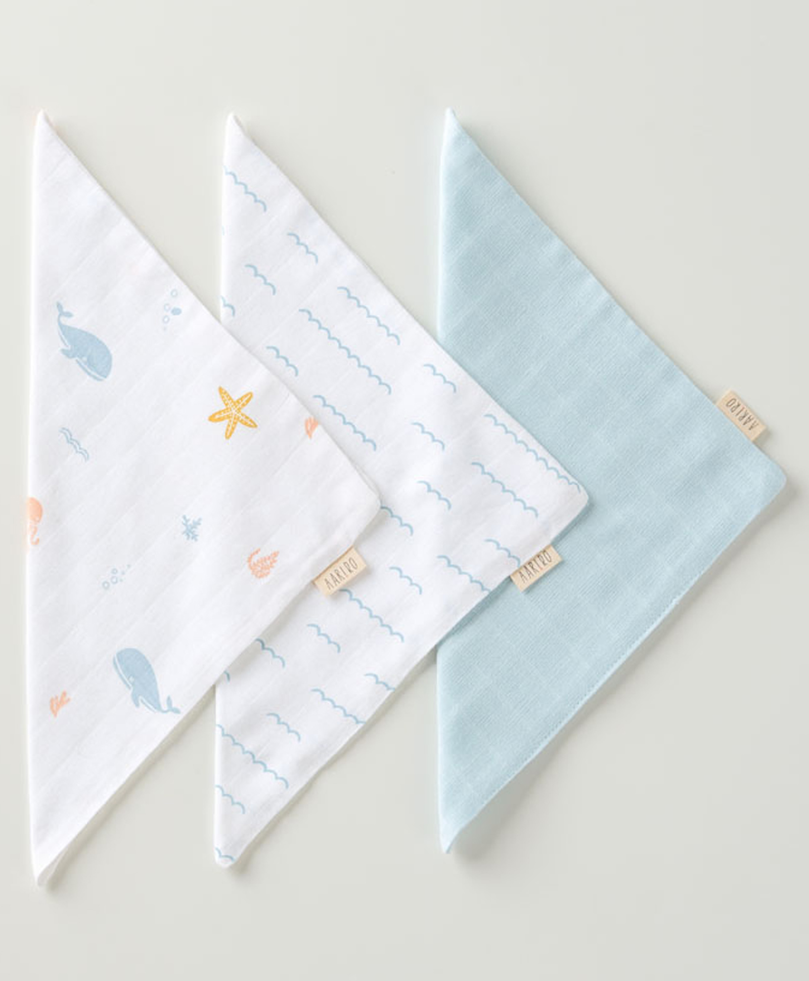 Aariro Organic Cotton Muslin Washcloth Under the Sea (3pcs) - White & Light Blue-picture-0