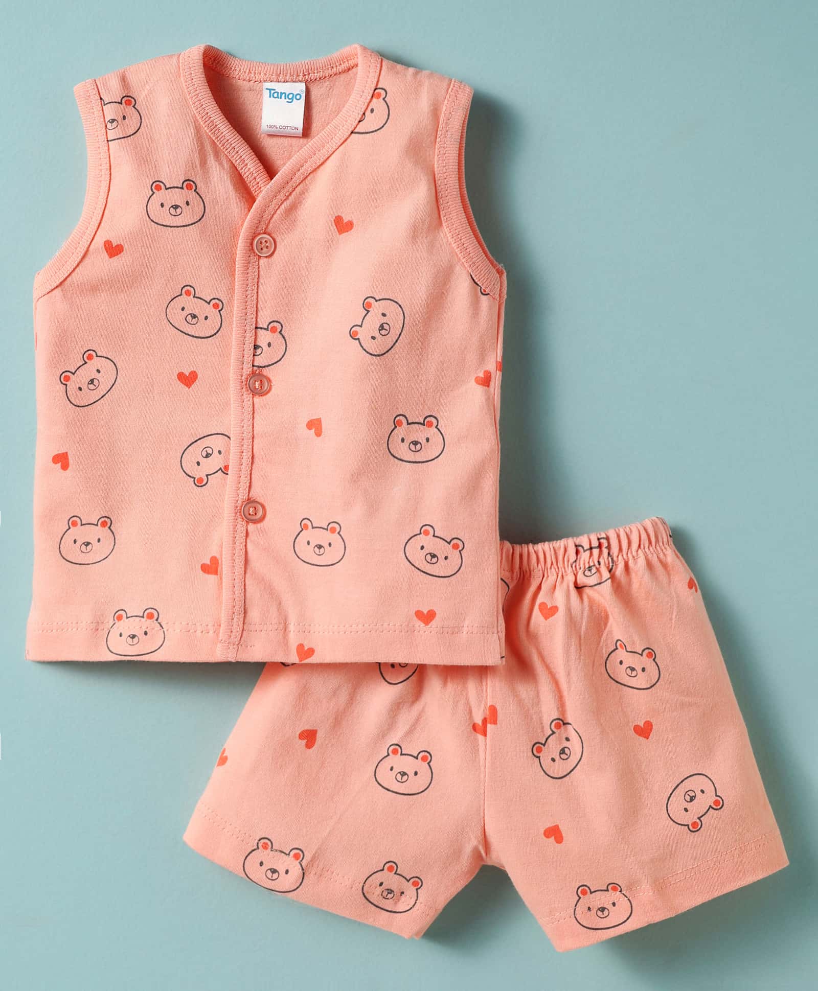 Tango Single Jersey Knit Sleeveless Co-ords Night Suit With Bear Print - Orange-picture-30