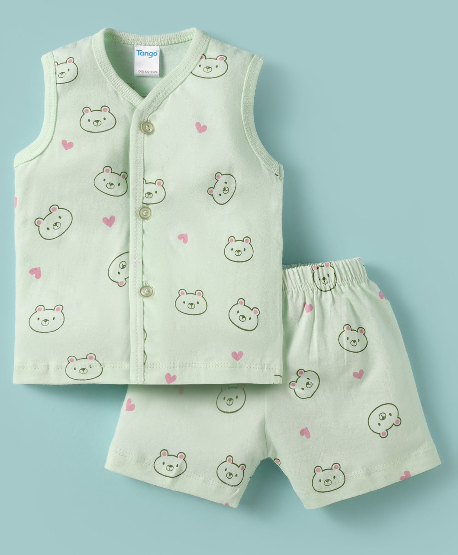 Tango Single Jersey Knit Sleeveless Co-ords Night Suit With Bear Print - Light Green-picture-31