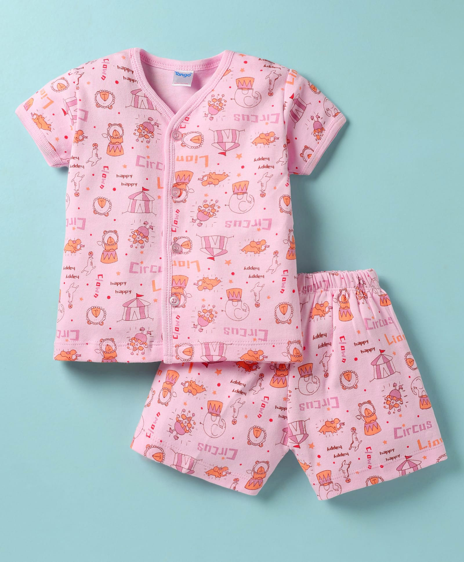Tango Interlock Knit Half Sleeves Co-Ord Shorts Night Suit with Circus Print - Pink-picture-21