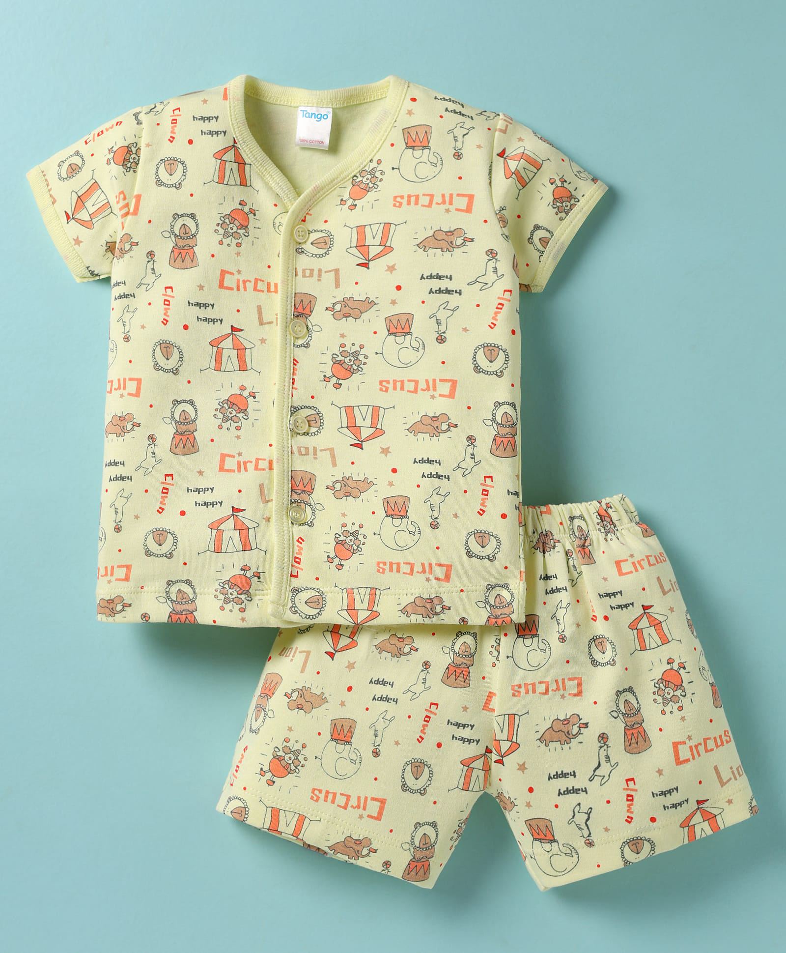 Tango Interlock Knit Half Sleeves Co-Ord Shorts Night Suit with Circus Print - Lemon-picture-10