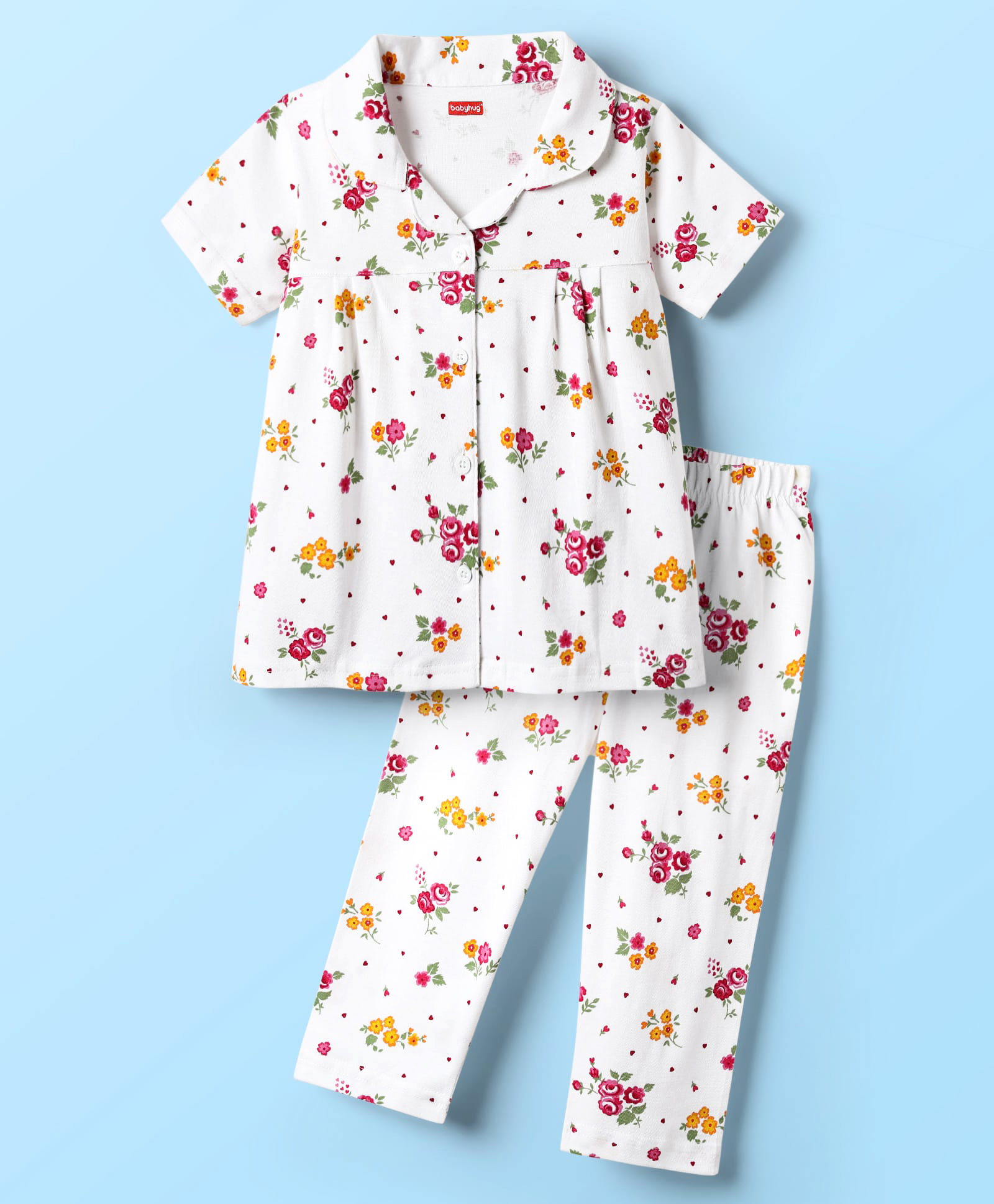 Babyhug Cotton Knit Front Open Half Sleeves Co-ord Night Suit With Floral Print - White