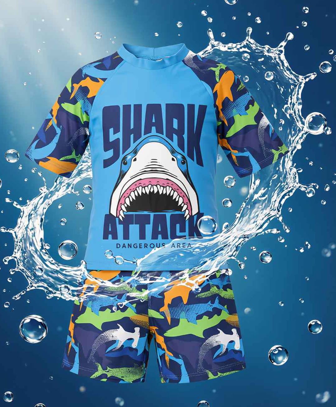 Yellow Bee Half Raglan Sleeves Sharks Printed Coordinating Tee & Shorts Set - Blue-image-32