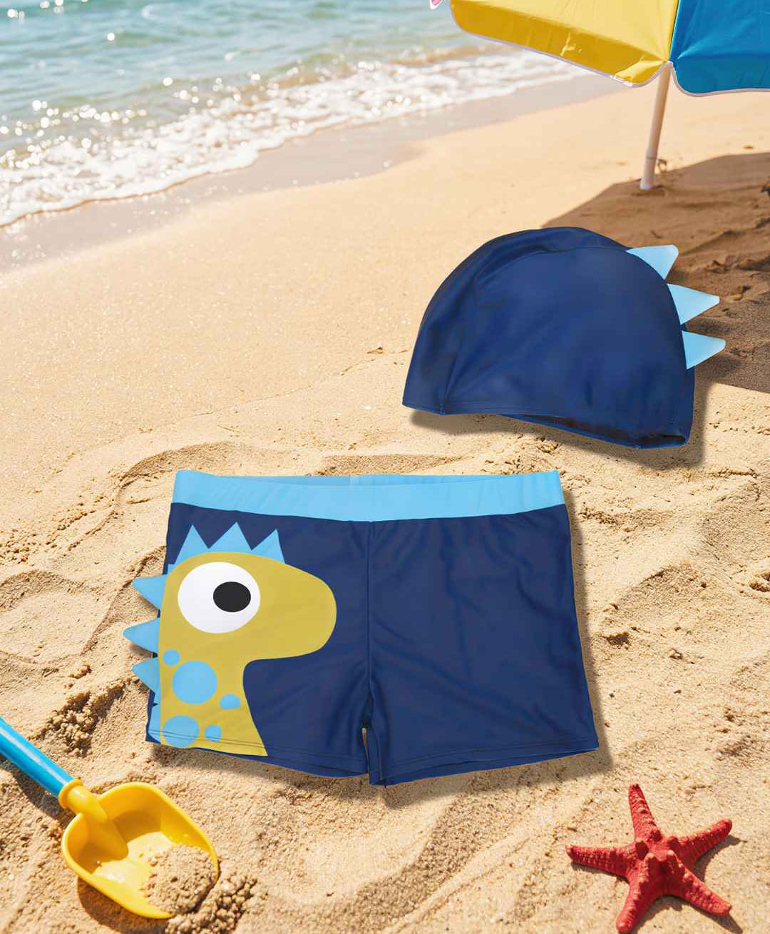 Yellow BeeDinosaur Printed Trunks With Cap - Blue-image-45