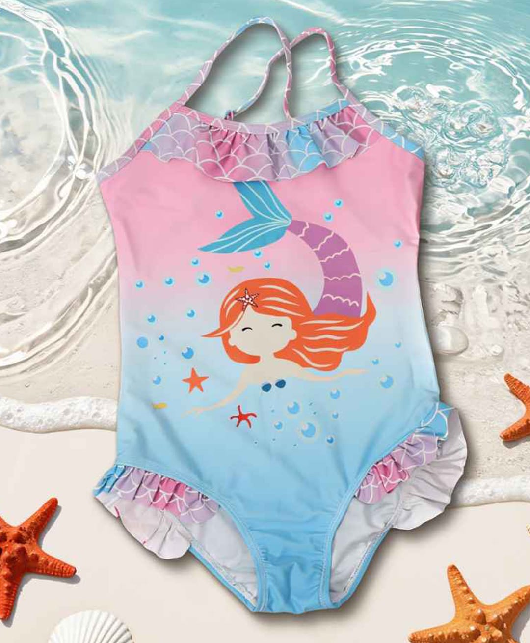 Yellow Bee Sleeveless Charming Mermaid Printed One Piece Swimsuit - Blue & Pink-image-26