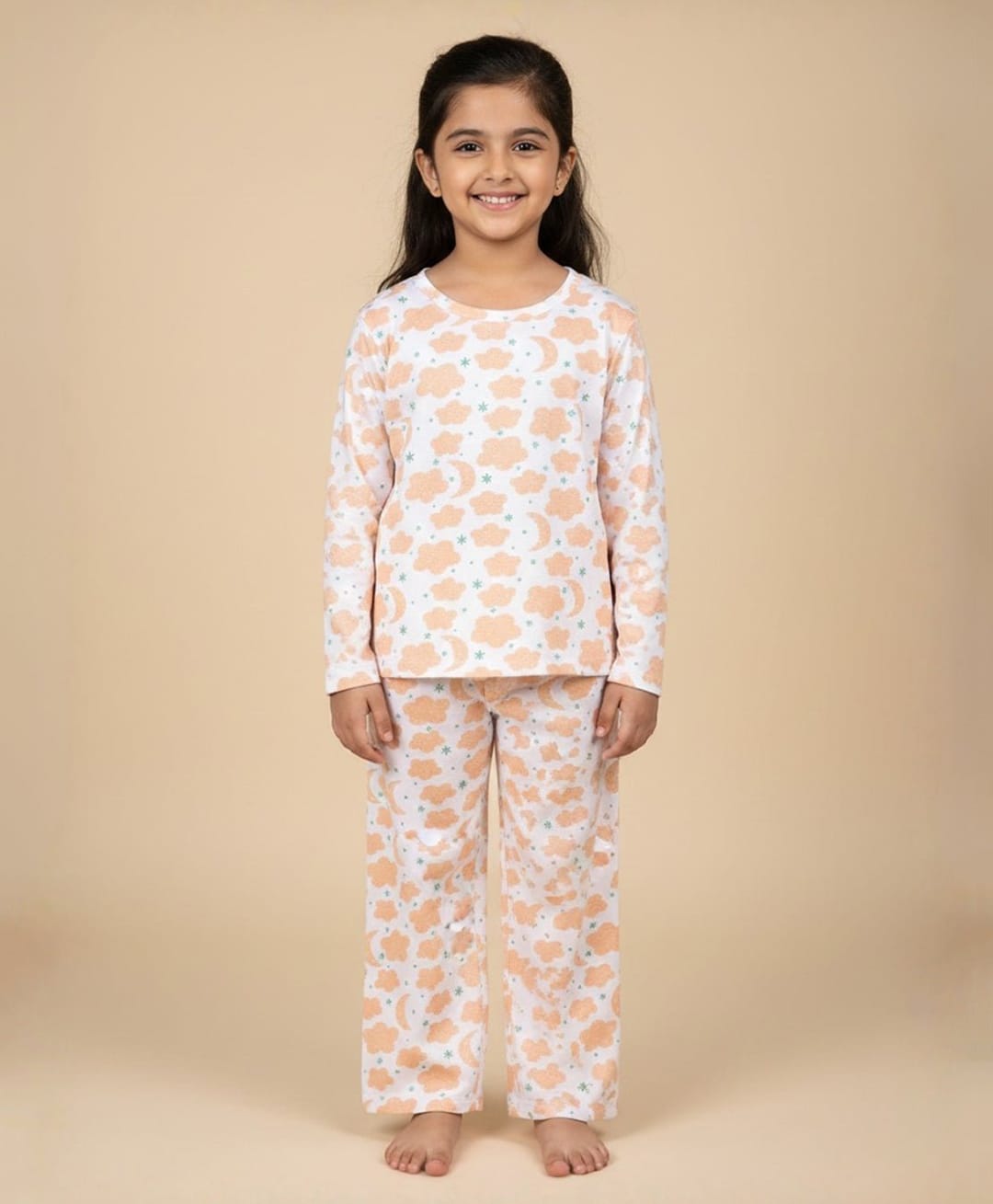 The Mom Store Cotton Knit Full Sleeves Moons & Clouds Printed Coordinating Tee & Pajama Set - White-image-30