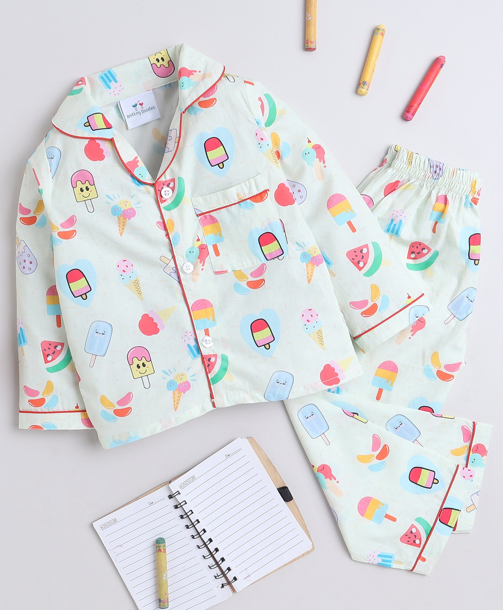 Knitting Doodles Pure Cotton Woven Full Sleeves Icecream Printed Coordinating Night Suit Set - Light Green-picture-31
