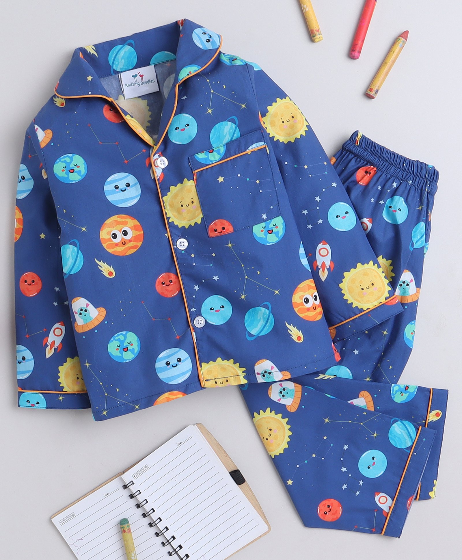 Knitting Doodles Pure Cotton Woven Full Sleeves Space Theme Printed Coordinating Night Suit Set - Blue-picture-27