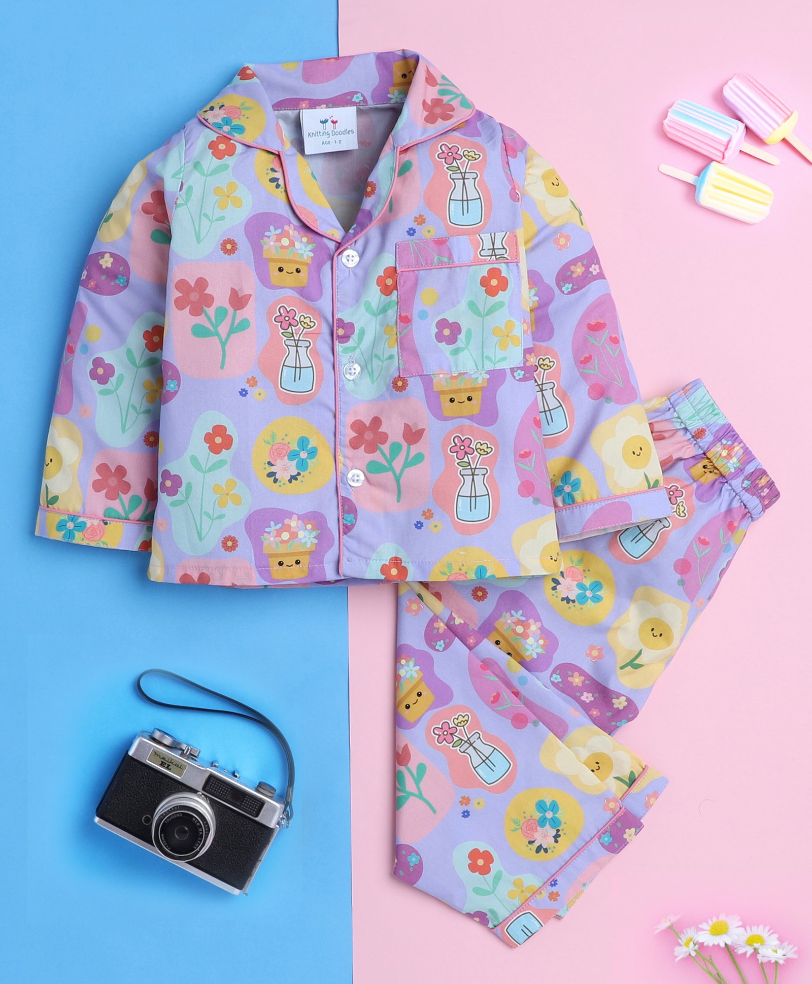 Knitting Doodles Pure Cotton Woven Full Sleeves Floral Printed Coordinating Night Suit Set - Purple-picture-28