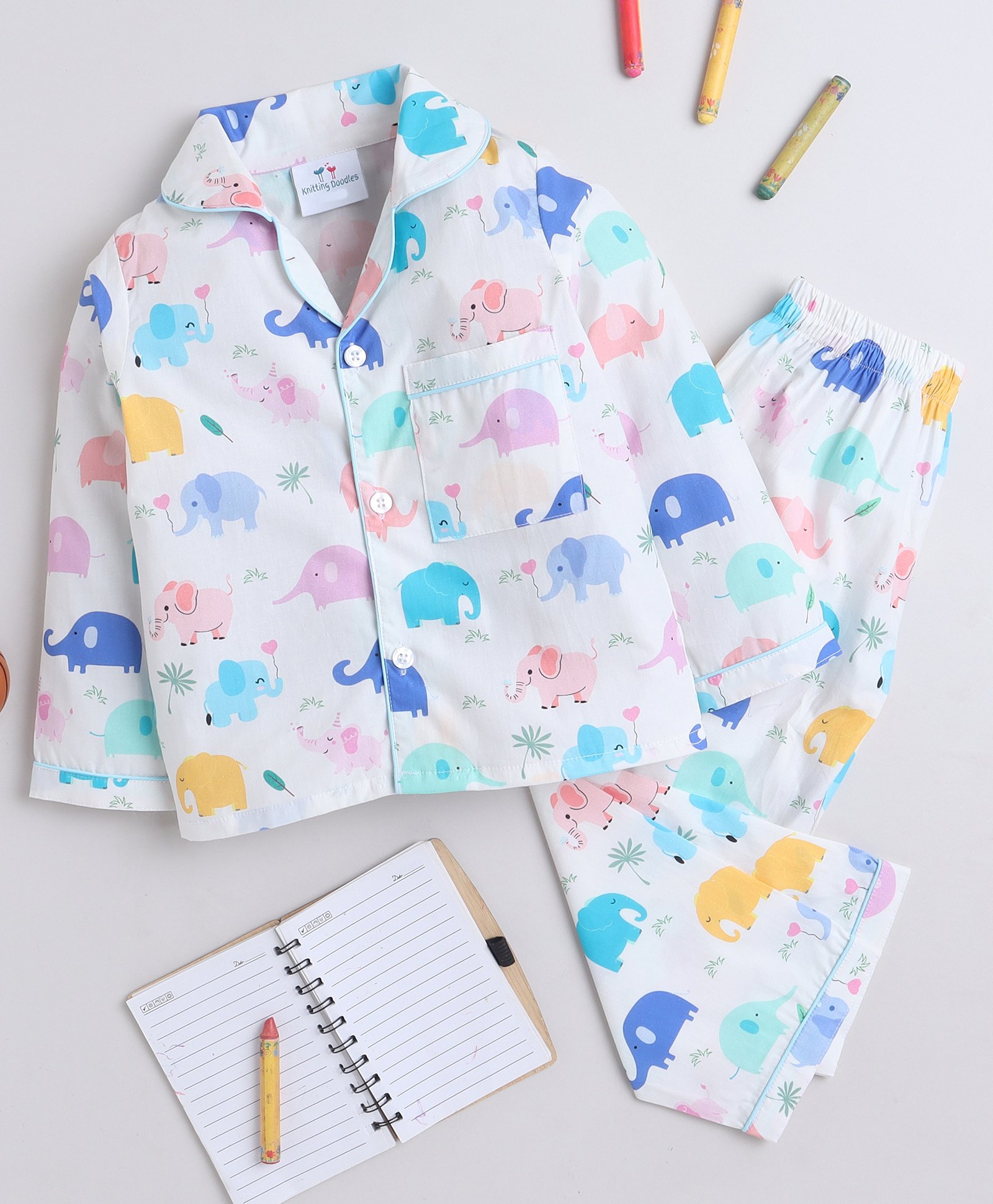 Knitting Doodles Pure Cotton Woven Full Sleeves Baby Elephant Printed Coordinating Night Suit Set - Light Beige-picture-31