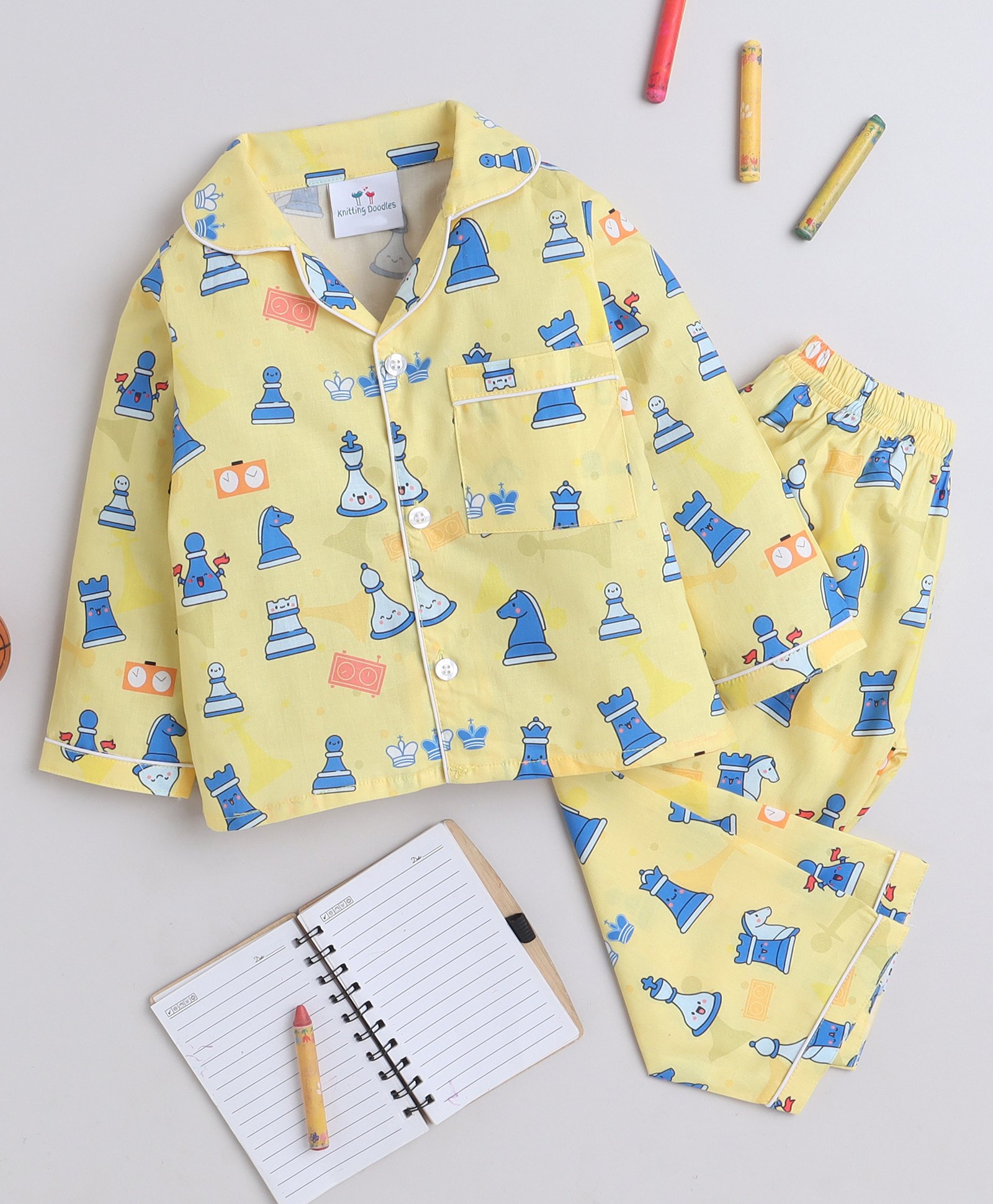 Knitting Doodles Pure Cotton Woven Full Sleeves Chess Pieces Printed Coordinating Night Suit Set - Yellow-image-46