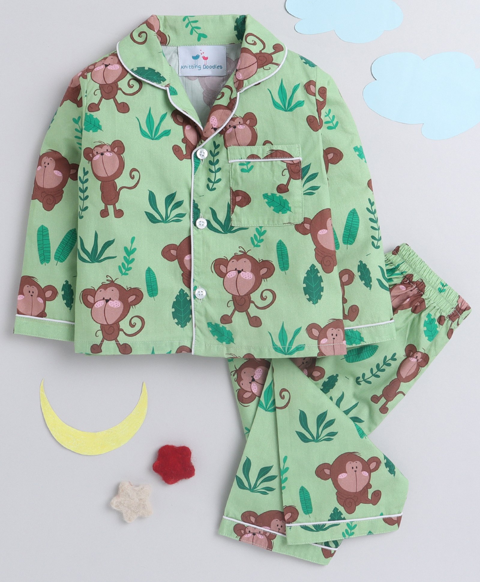 Knitting Doodles Pure Cotton Woven Full Sleeves Monkeys Printed Coordinating Shirt & Pajama Set - Green-picture-34