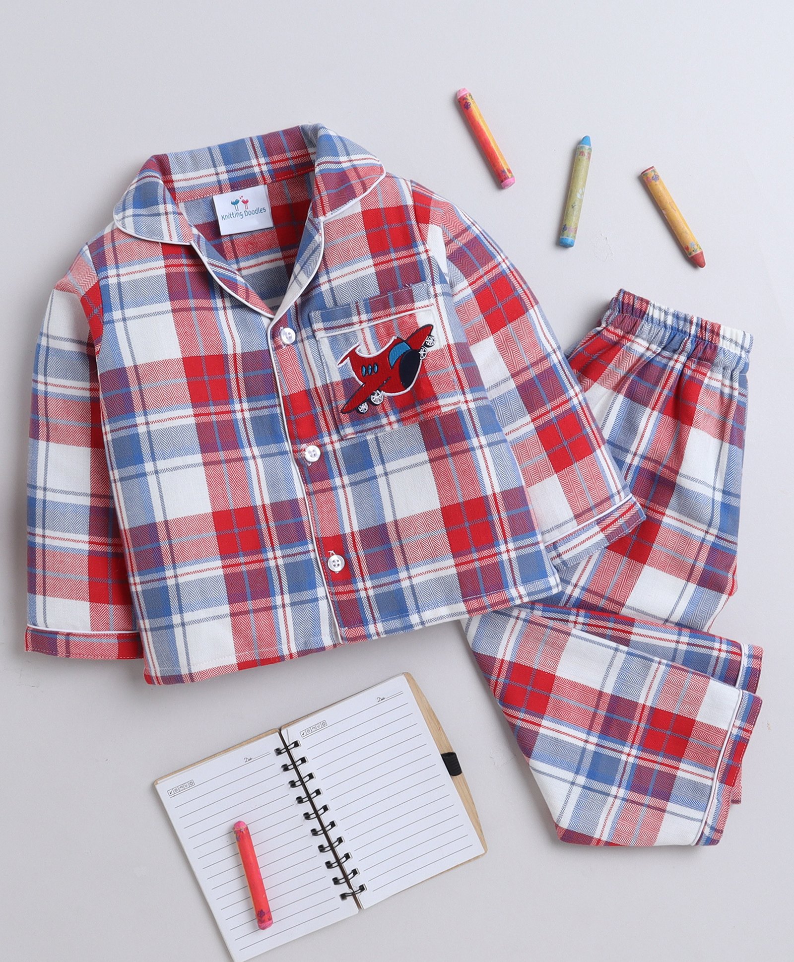 Knitting Doodles Pure Cotton Woven Full Sleeves Aeroplane Patch Detailed Checked Coordinating Night Suit Set - Red & Blue-picture-4