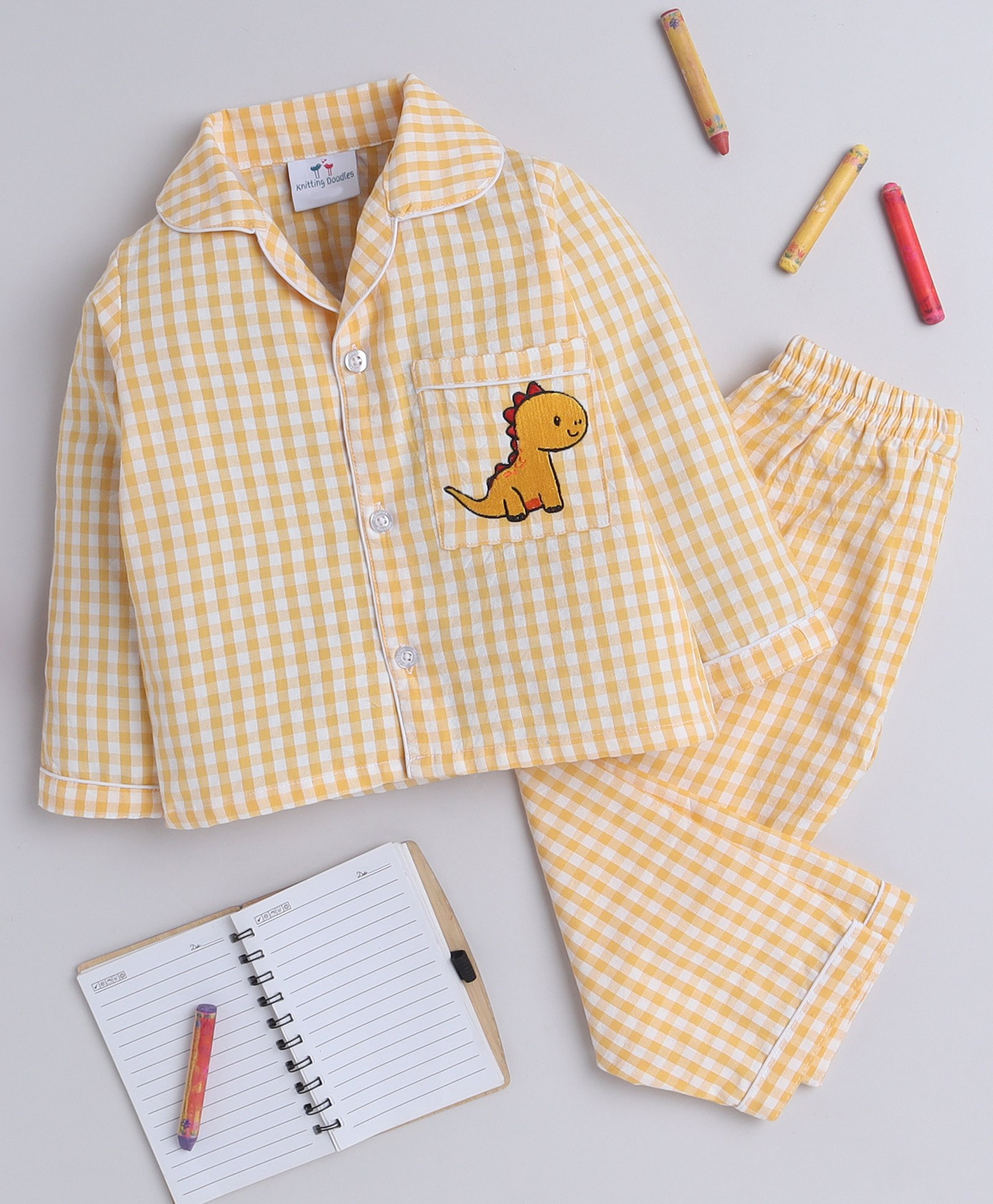 Knitting Doodles Pure Cotton Woven Full Sleeves Dinosaur Patch Detailed Checked Coordinating Night Suit Set - Yellow & White-picture-9