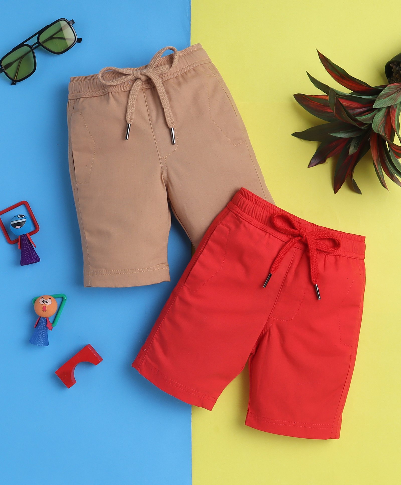 Knitting Doodles Pure Cotton Pack Of 2 Solid Shorts - Beige & Red-picture-32