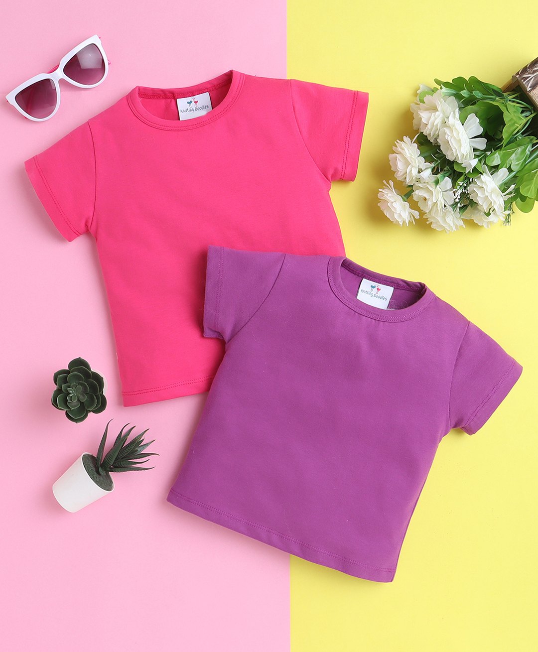 Knitting Doodles Pure Cotton Pack Of 2 Half Sleeves Solid Tees - Dark Pink & Purple-picture-30