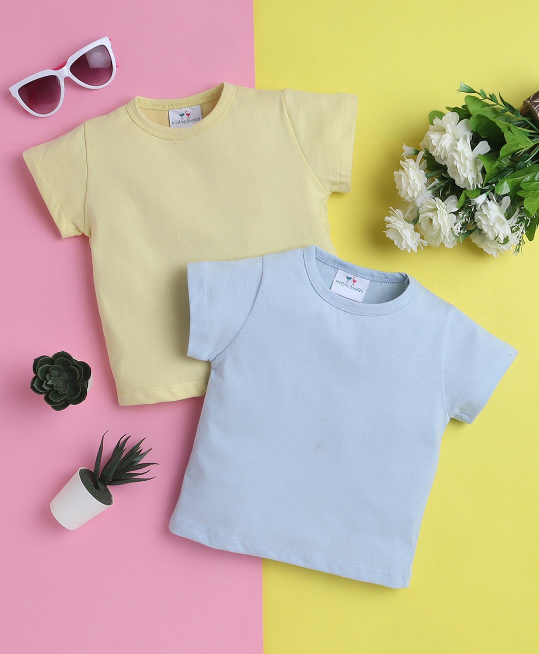 Knitting Doodles Pure Cotton Pack Of 2 Half Sleeves Solid Tees - Lemon Yellow & Light Blue-picture-16