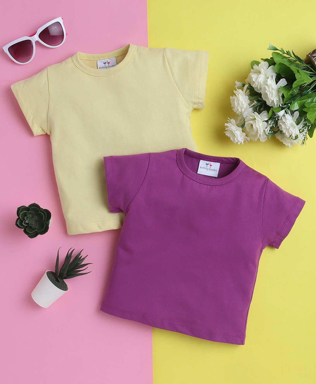 Knitting Doodles Pure Cotton Pack Of 2 Half Sleeves Solid Tees - Lemon Yellow & Purple-picture-34