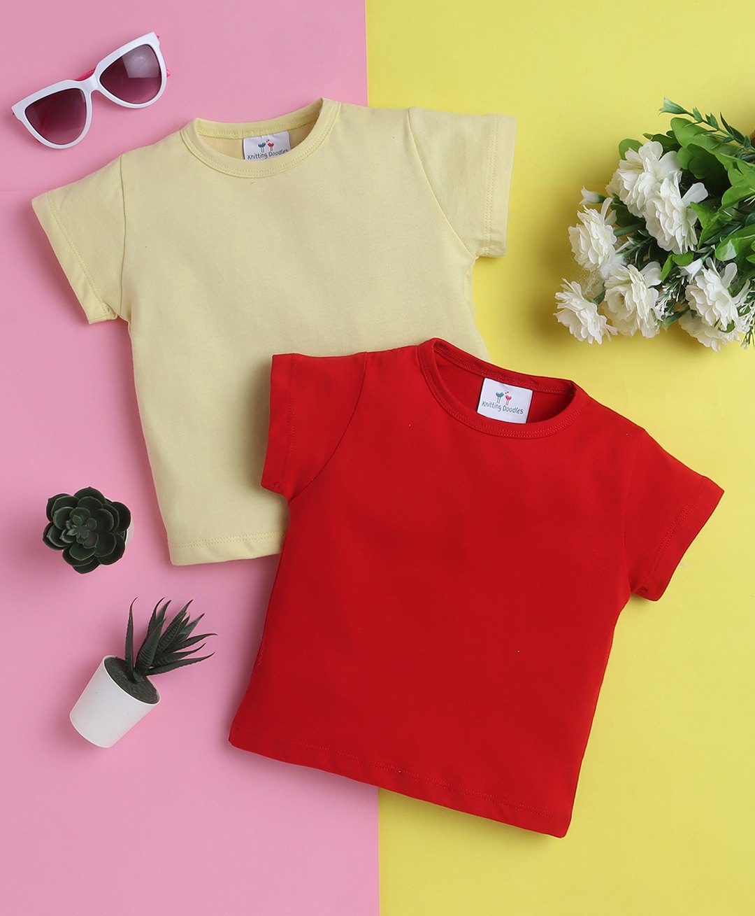 Knitting Doodles Pure Cotton Pack Of 2 Half Sleeves Solid Tees - Lemon Yellow & Red-image-46