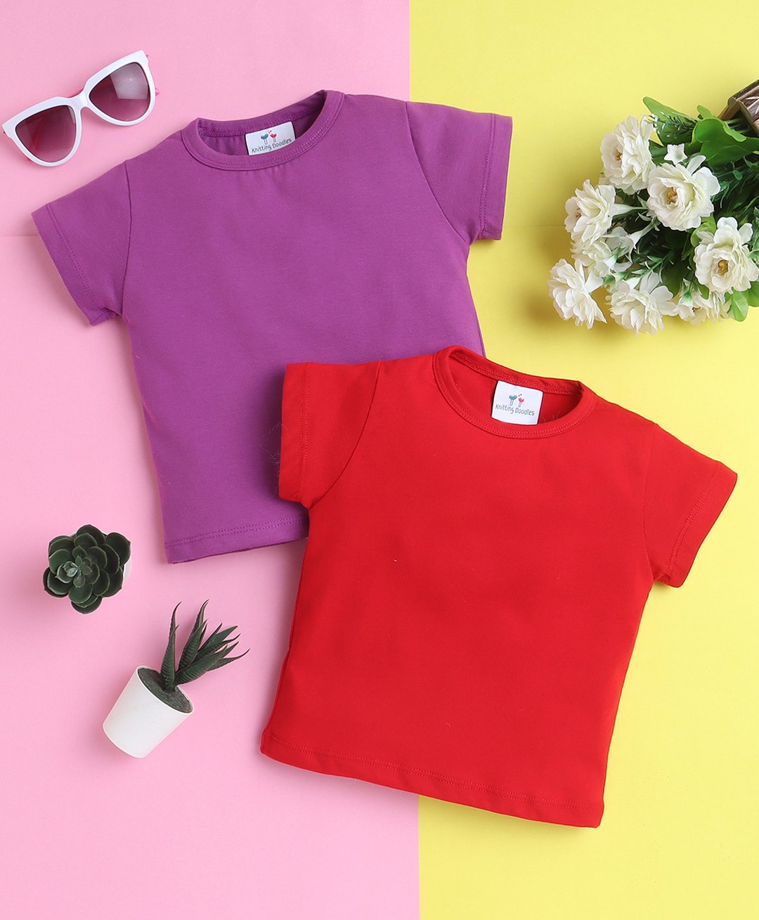 Knitting Doodles Pure Cotton Pack Of 2 Half Sleeves Solid Tees - Purple & Red-picture-31