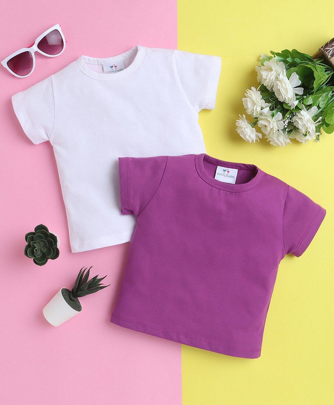 Knitting Doodles Pure Cotton Pack Of 2 Half Sleeves Solid Tees - White & Purple-picture-15