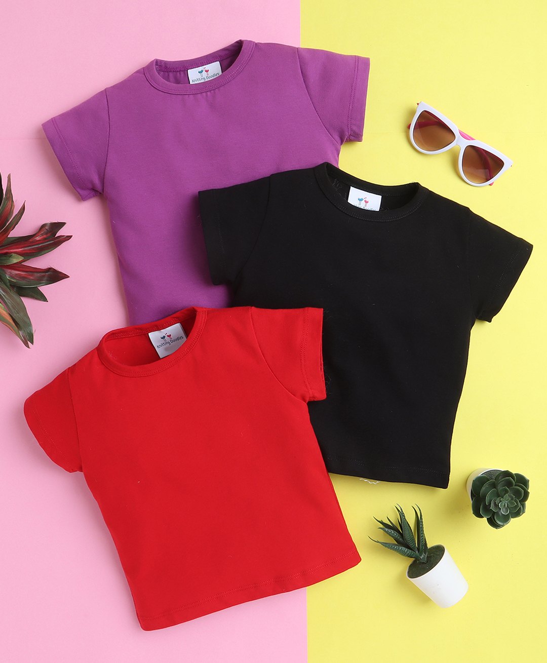 Knitting Doodles Pure Cotton Pack Of 3 Half Sleeves Solid Tees - Black Red & Purple-image-25