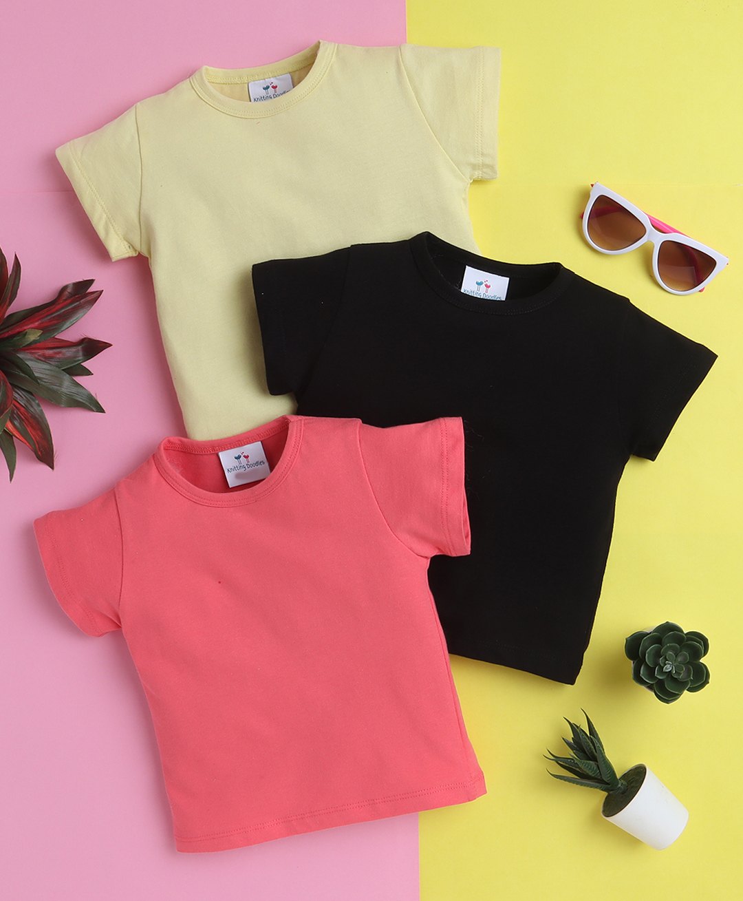 Knitting Doodles Pure Cotton Pack Of 3 Half Sleeves Solid Tees - Black Pink & Lemon-picture-33