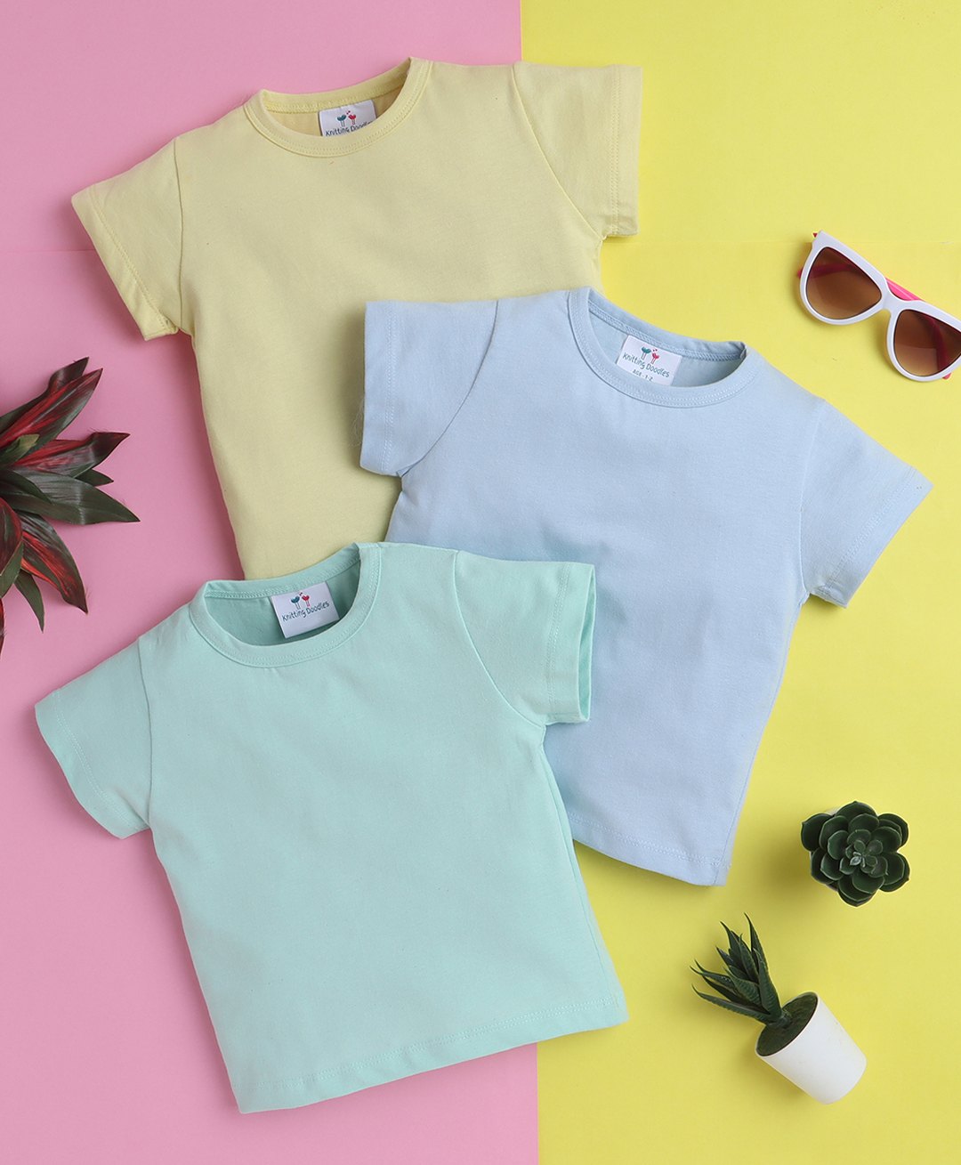 Knitting Doodles Pure Cotton Pack Of 3 Half Sleeves Solid Tees - Light Blue Sea Green & Lemon-picture-47