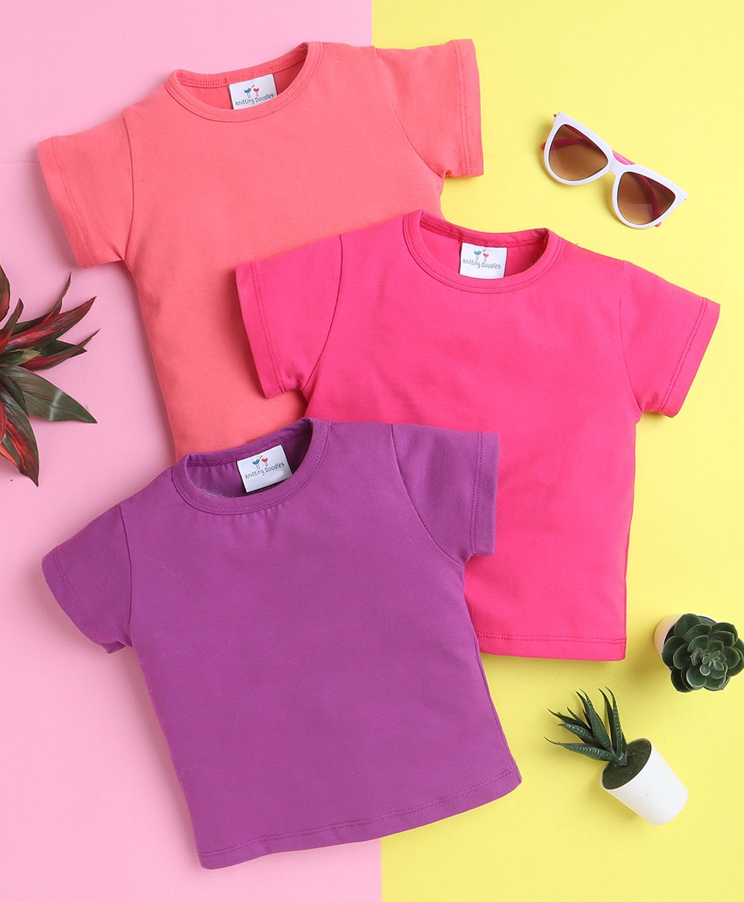 Knitting Doodles Pure Cotton Pack Of 3 Half Sleeves Solid Tee - Pink Purple & Dark Pink-picture-37