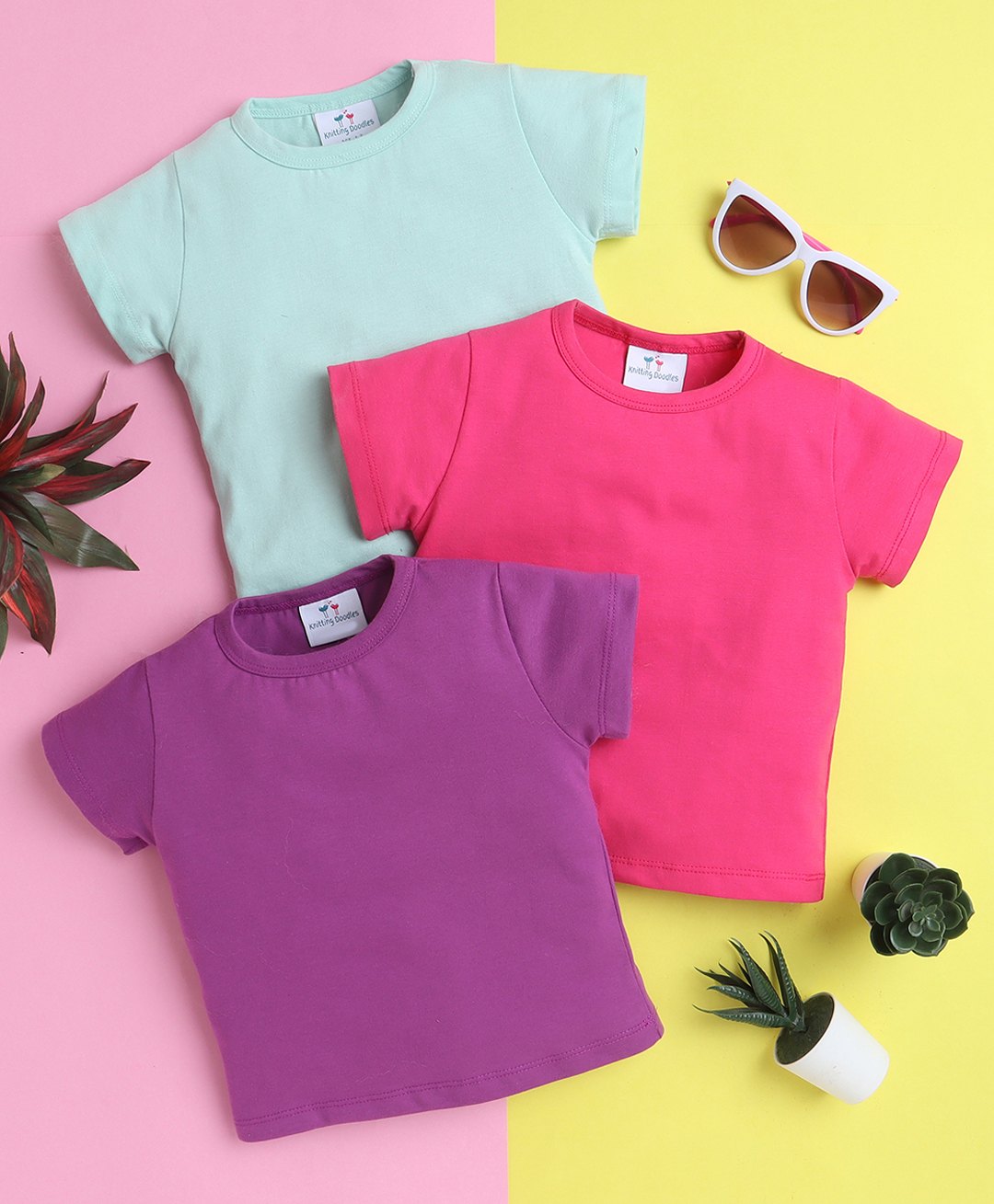 Knitting Doodles Pure Cotton Pack Of 3 Half Sleeves Solid Tee - Sea Green Purple & Dark Pink-picture-21