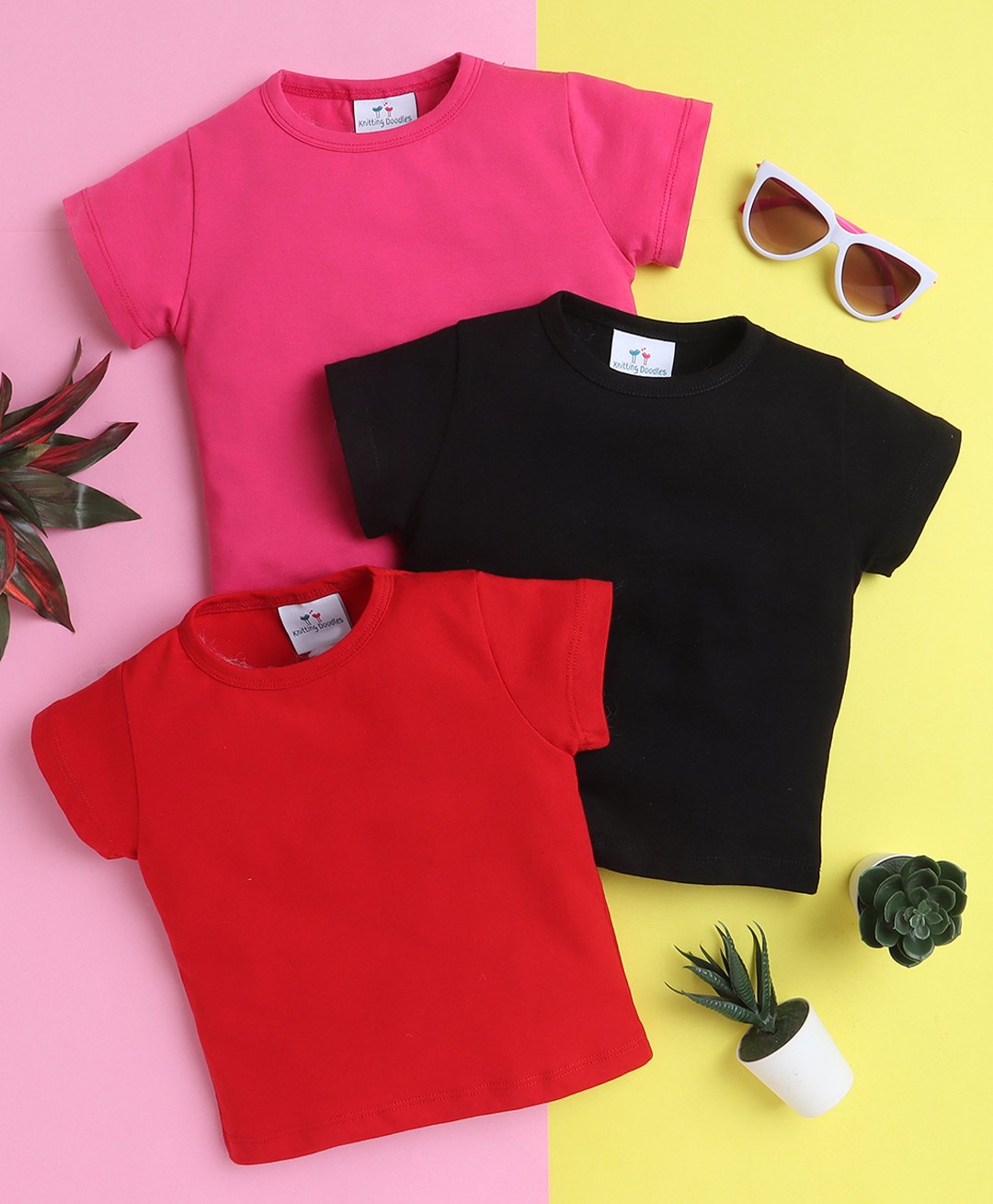 Knitting Doodles Pure Cotton Pack Of 3 Half Sleeves Solid Tee - Red Black & Dark Pink-picture-46