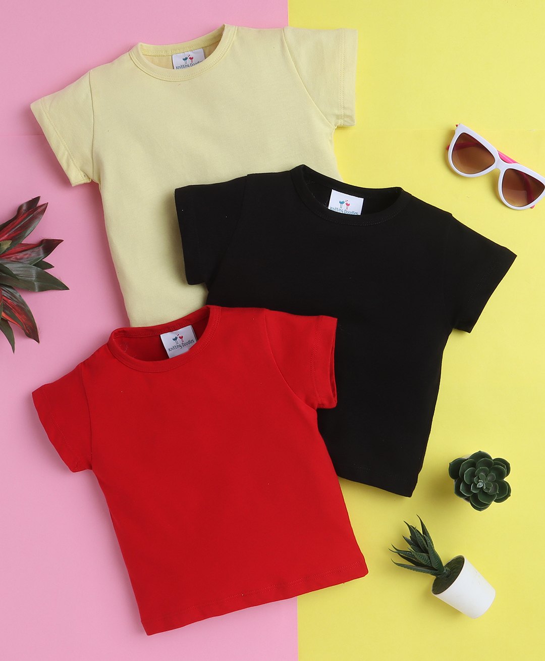 Knitting Doodles Pure Cotton Pack Of 3 Half Sleeves Solid Tee - Red Black & Lemon-picture-23