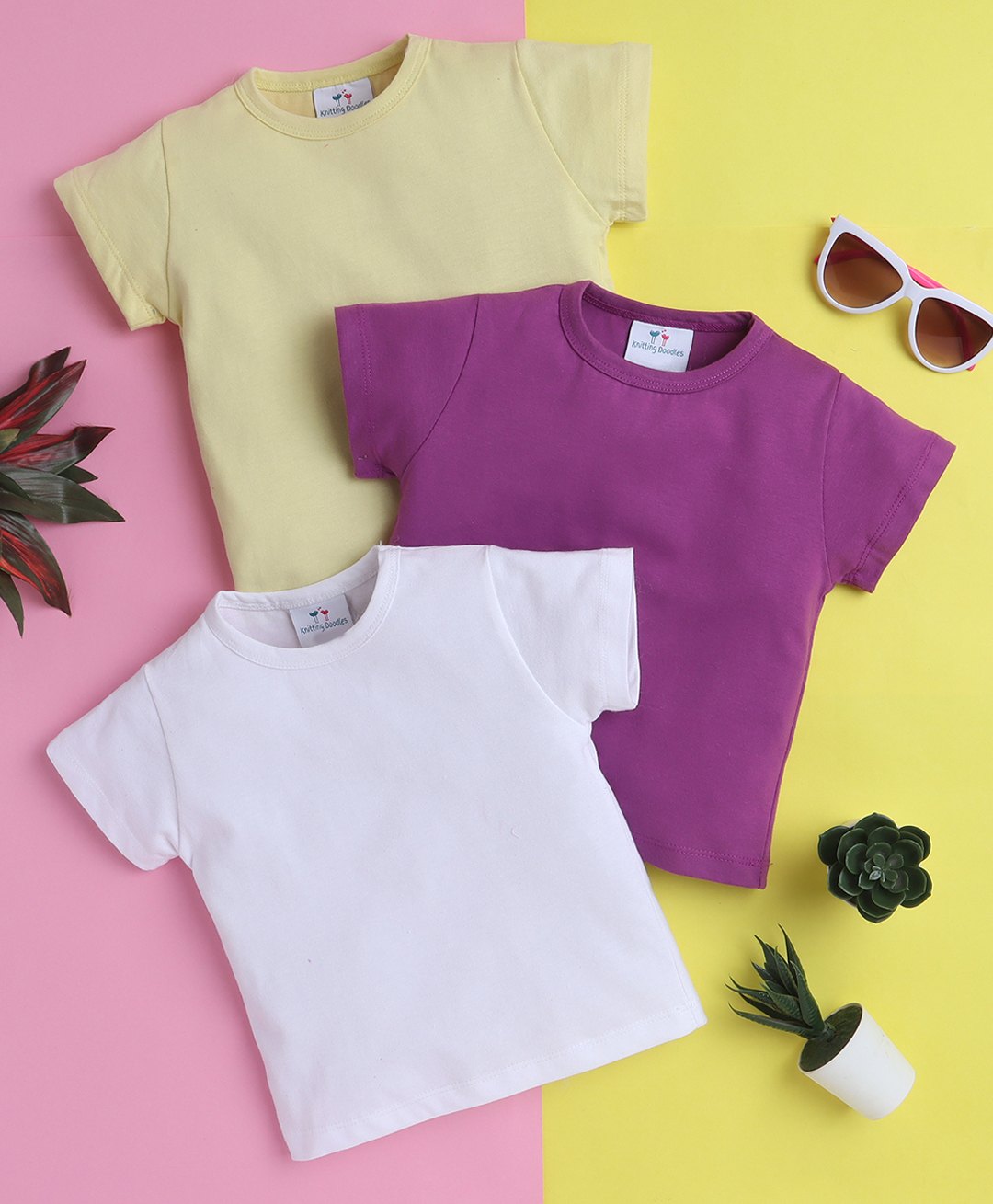 Knitting Doodles Pure Cotton Pack Of 3 Half Sleeves Solid Tee - White Lemon & Purple-picture-35
