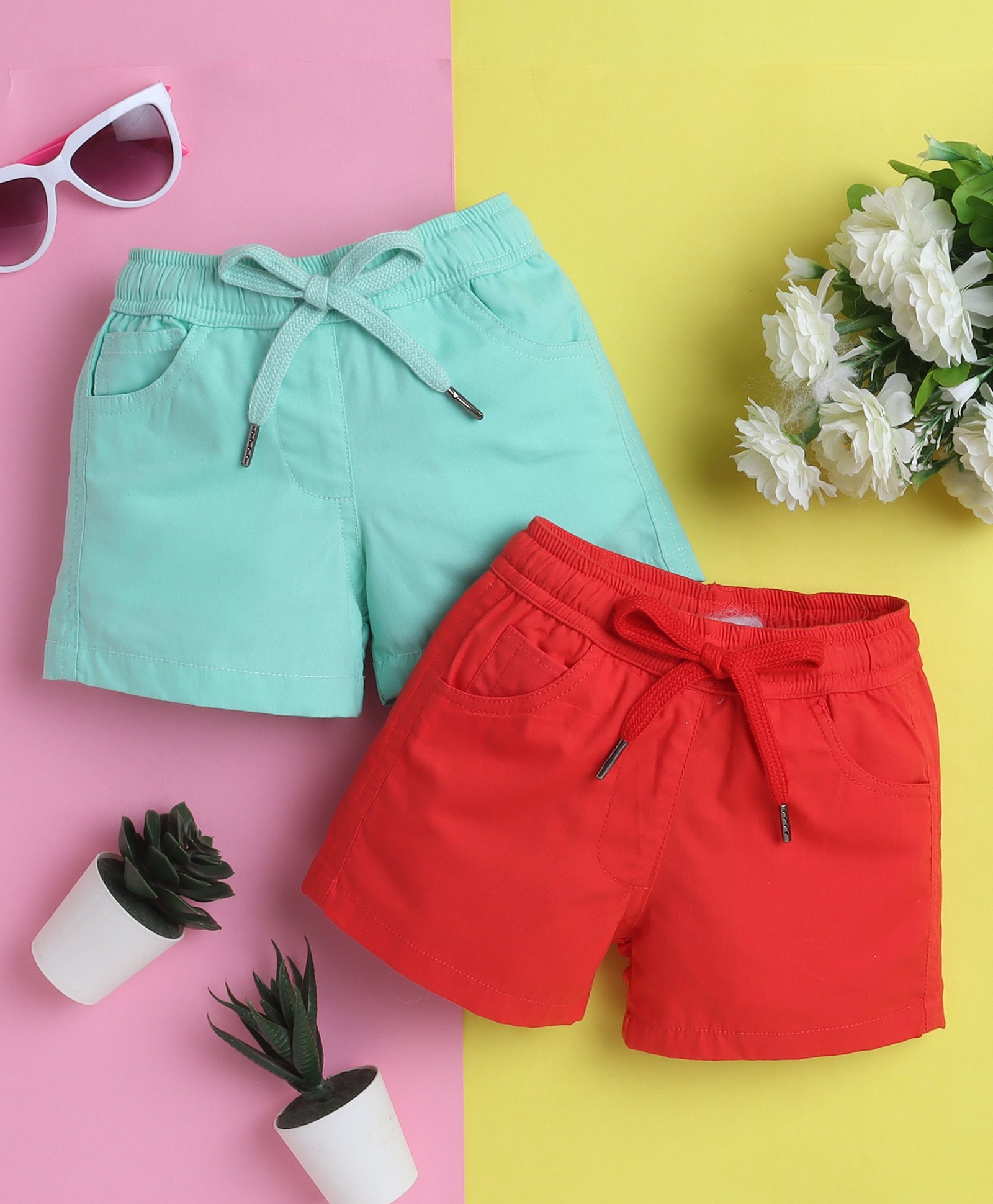 Knitting Doodles Pure Cotton Pack Of 2 Solid Shorts - Red & Sea Green-picture-16
