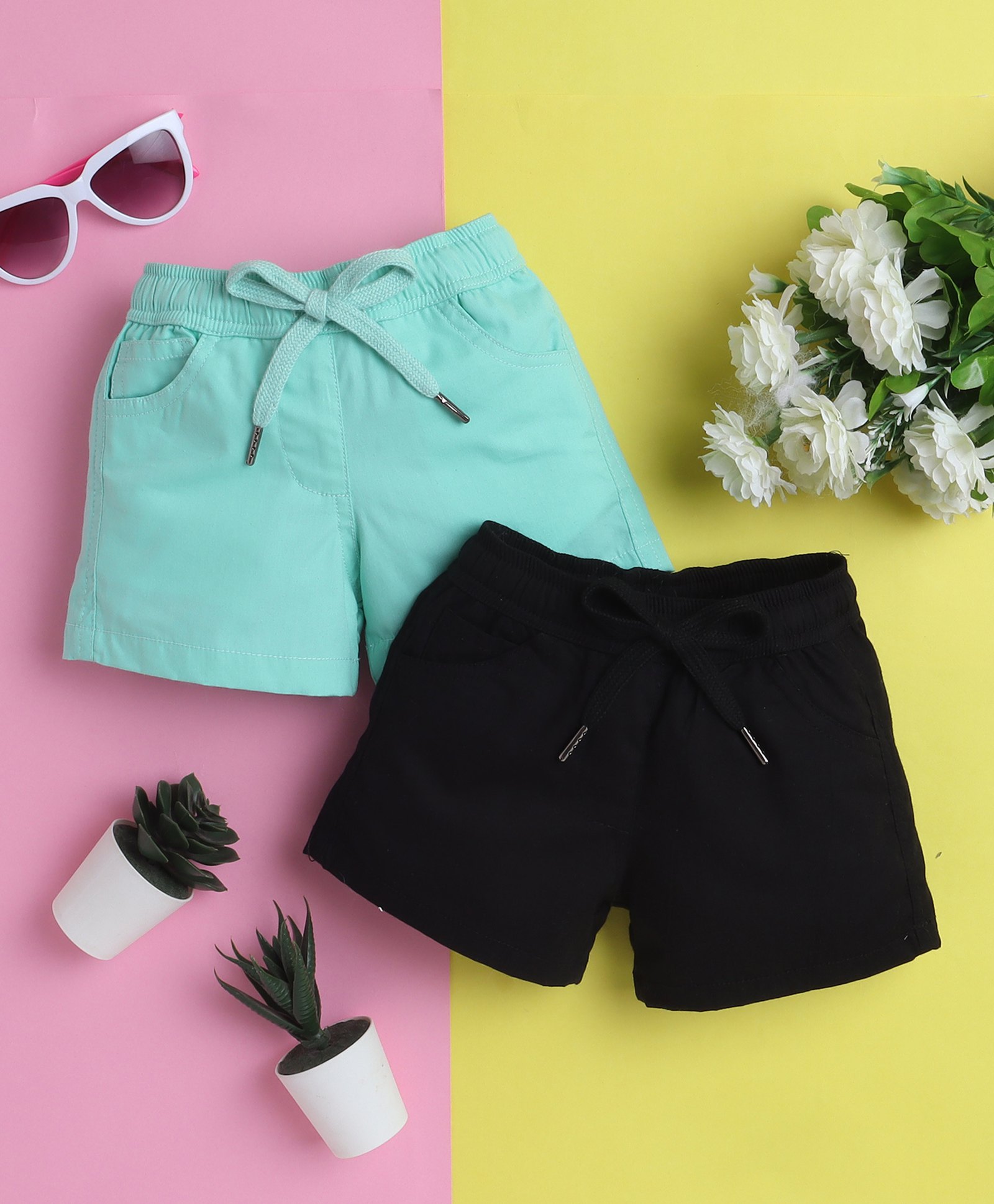 Knitting Doodles Pure Cotton Pack Of 2 Solid Shorts - Sea Green & Black-picture-19