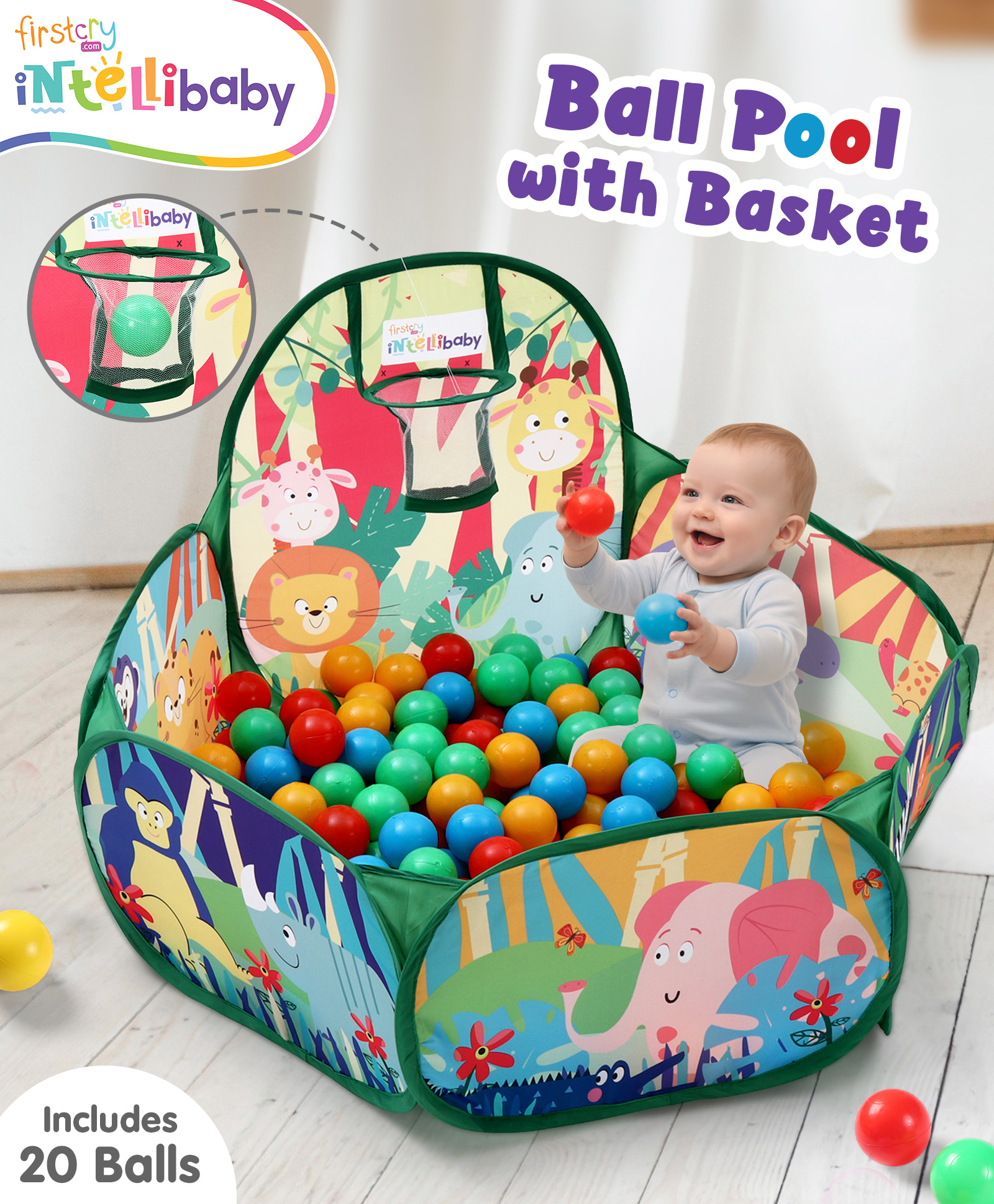 Intellibaby Playtime Ball Pool - Green for Kids | 20 Balls | Safe & Soft Pit for Toddlers | Spacious, Lightweight & Portable | Easy to Set-up | Indoor & Outdoor Play | BIS Approved | Ideal For Gifting