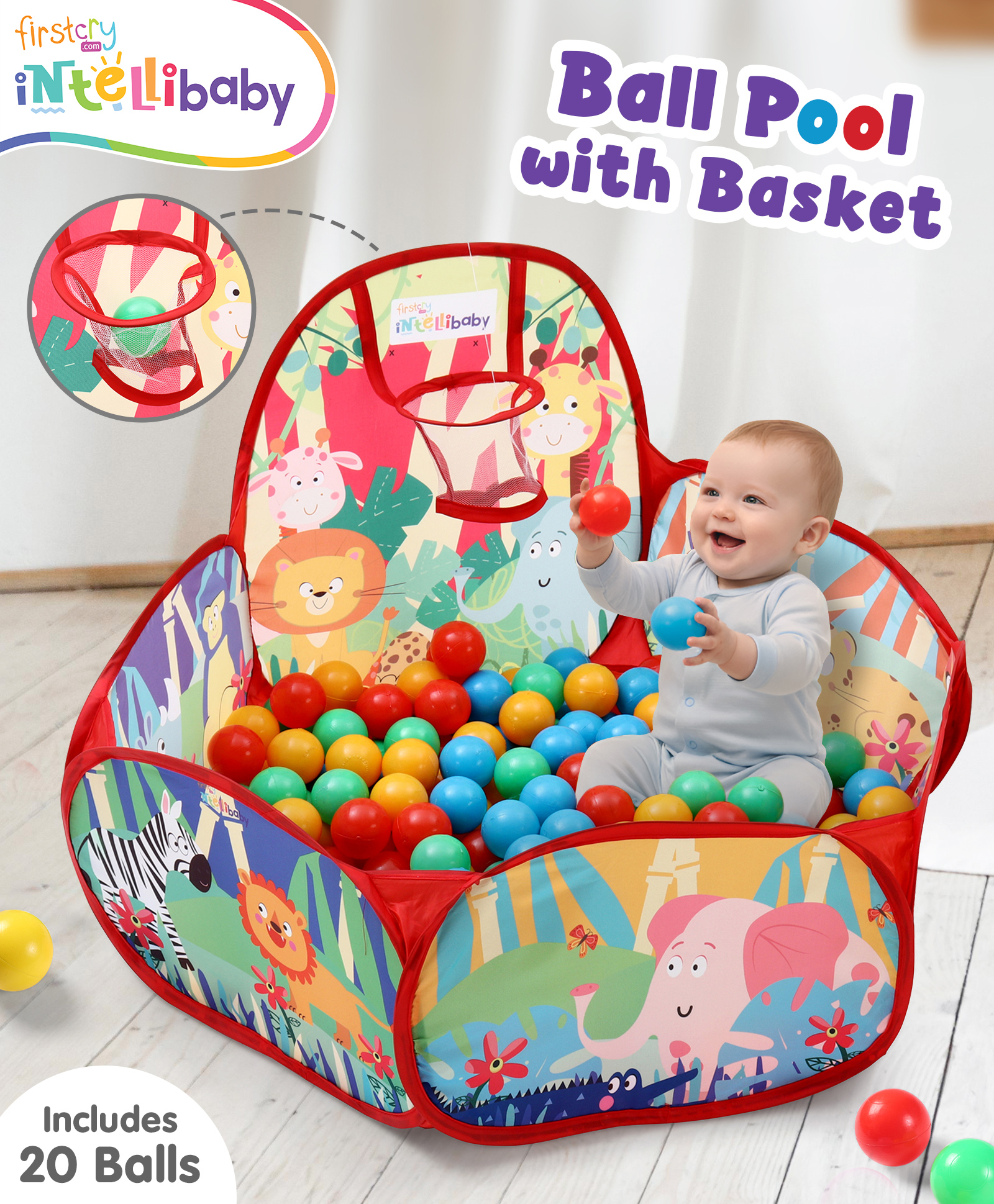Intellibaby Playtime Ball Pool - Red for Kids | 20 Balls | Safe & Soft Pit for Toddlers | Spacious, Lightweight & Portable | Easy to Set-up | Indoor & Outdoor Play | BIS Approved | Ideal For Gifting