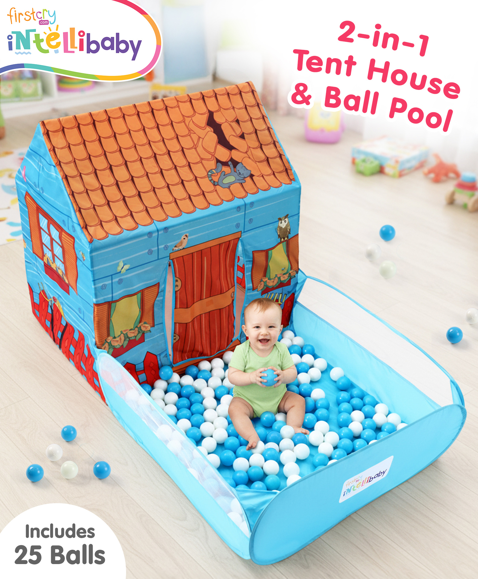 Intellibaby 2-in-1 Adventure Time Tent House & Ball Pool | 25 Balls | Wild Animals| Safe & Soft Pit | Spacious,Lightweight & Portable| Easy to Set-up | Indoor & Outdoor Play |BIS Approved |For Gifting