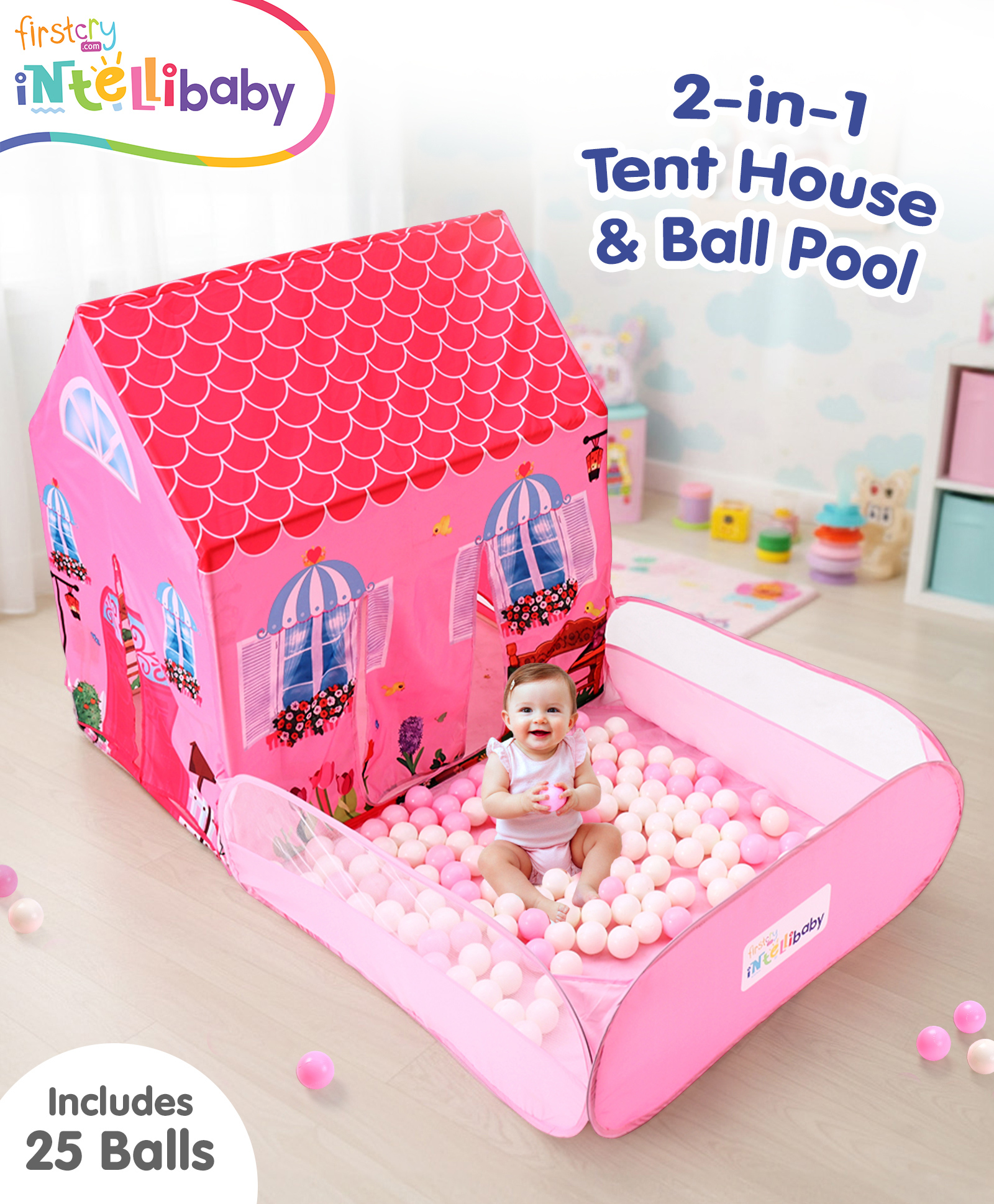 Intellibaby 2-in-1 Tent House & Ball Pool - Pretty Princess| 25 Balls |Safe & Soft Pit for Toddlers | Spacious,Lightweight & Portable| Easy to Set-up | Indoor & Outdoor Play |BIS Approved |For Gifting