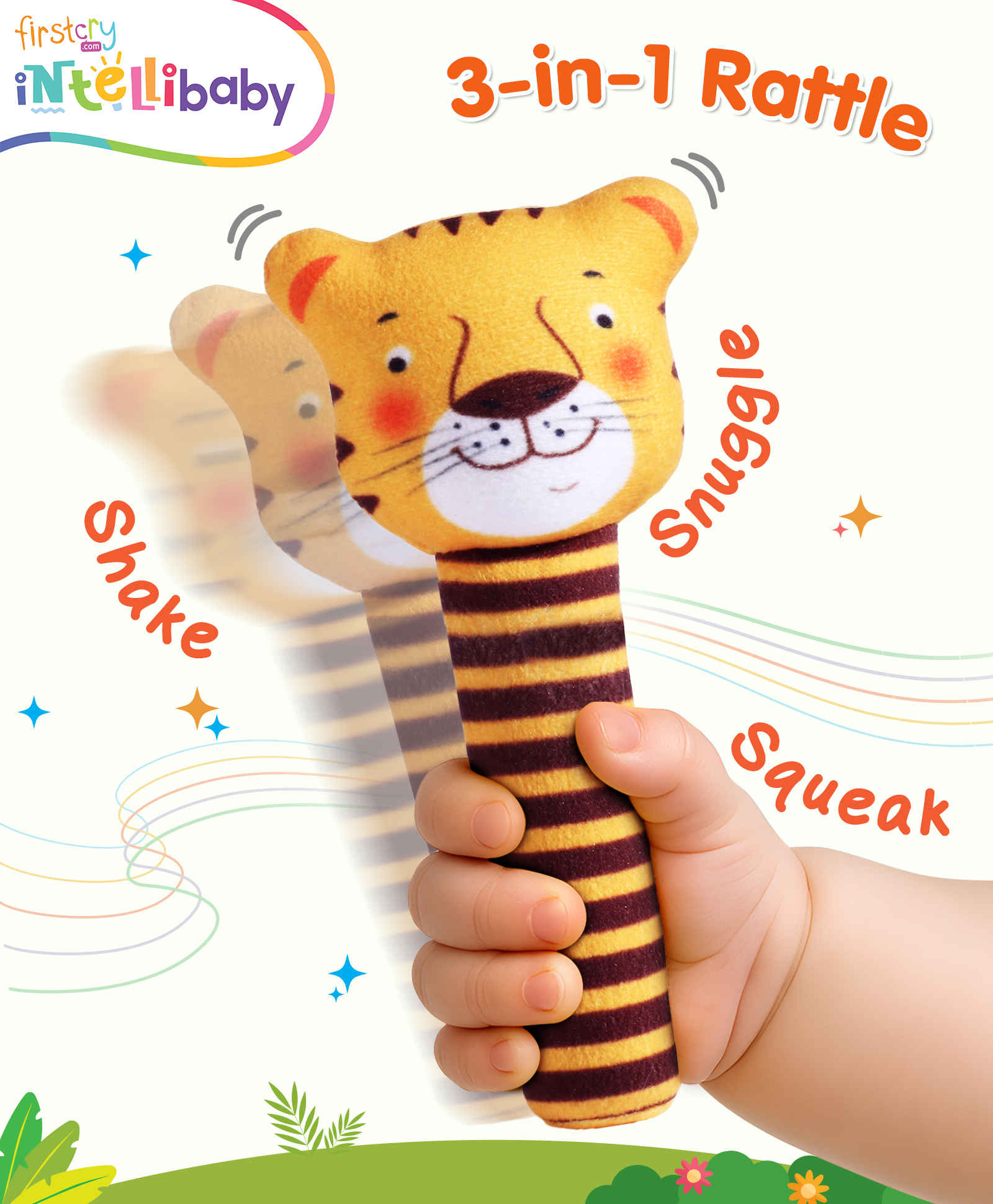 Intellibaby Tiny Tails Tiger Handheld Rattle for Infants | Soft Animal Plush Toy | Squeeze Handle for Squeaky Sound | Sensory & Motor Skills | Baby Safe | Paediatrician Approved | BIS Approved