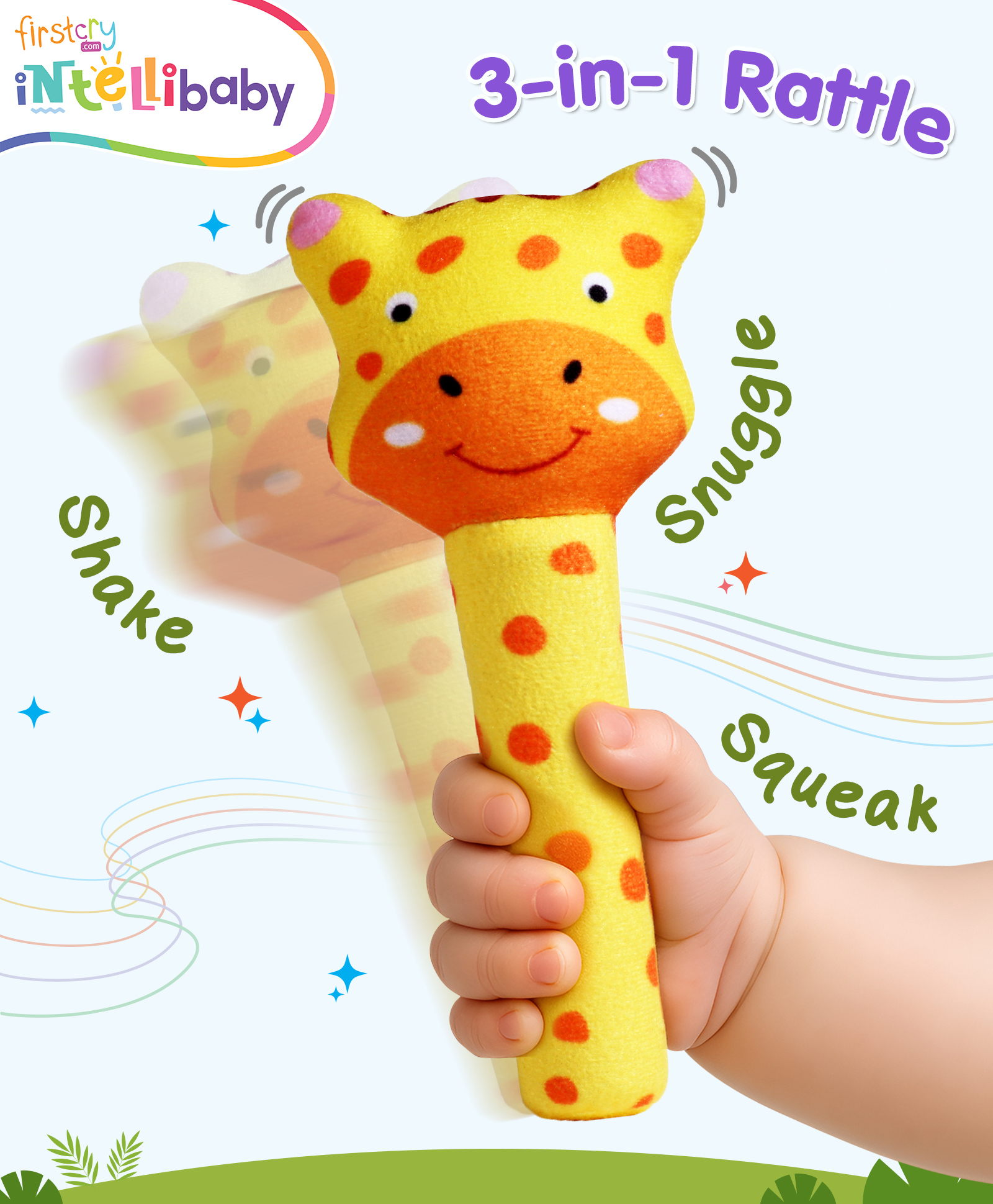 Intellibaby Tiny Tails Giraffe Handheld Rattle for Infants | Soft Animal Plush Toy | Squeeze Handle for Squeaky Sound | Sensory & Motor Skills | Baby Safe | Paediatrician Approved | BIS Approved