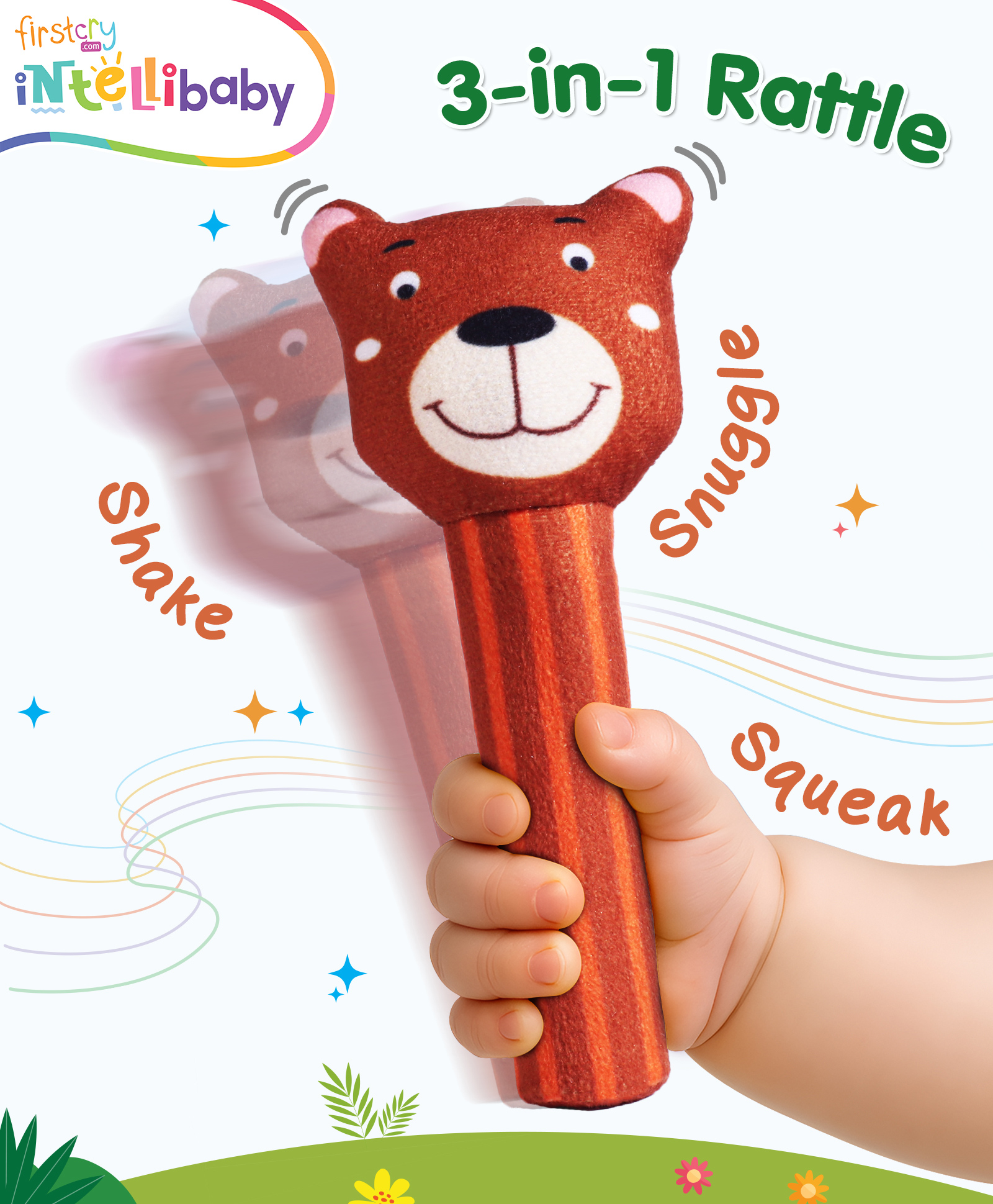 Intellibaby Tiny Tails Bear Handheld Rattle for Infants | Soft Animal Plush Toy |Squeeze Handle for Squeaky Sound |Sensory & Motor Skills |Baby Safe |Paediatrician Approved |BIS Approved |For Gifting