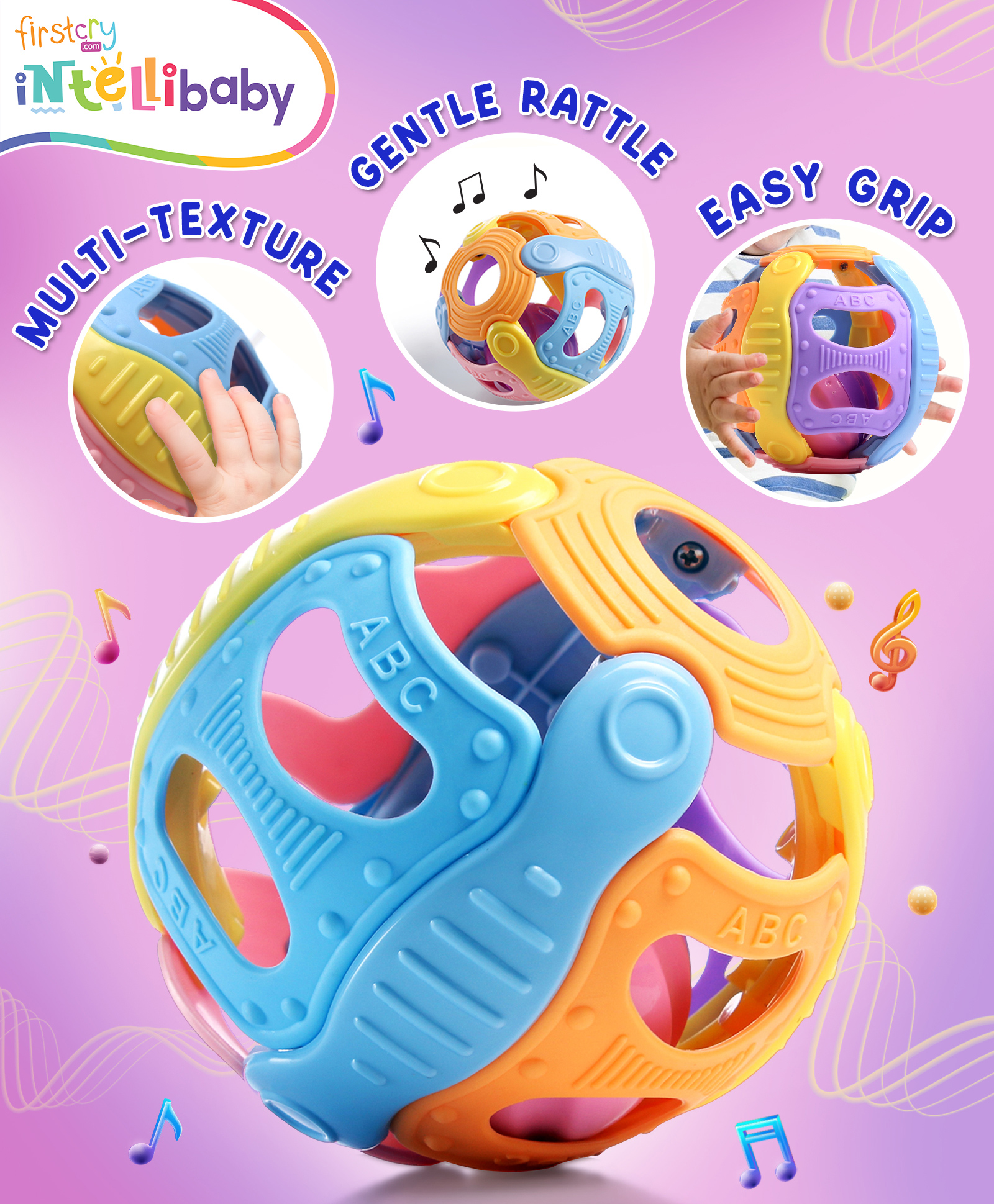Intellibaby Textured Sound & Rattle Ball for Babies | Multicoloured Sensory Toy for Early Brain Development | Builds Grasp Reflex & Motor Skills | Paediatrician Approved | BIS Approved | For Gifting